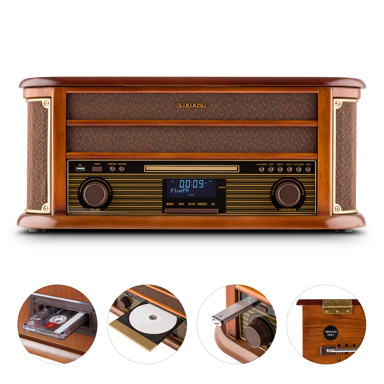 Retro-Radio und CD-Player aus Holz mit mehreren Detailaufnahmen von CD-Schlitz, Knöpfen und internen Komponenten.