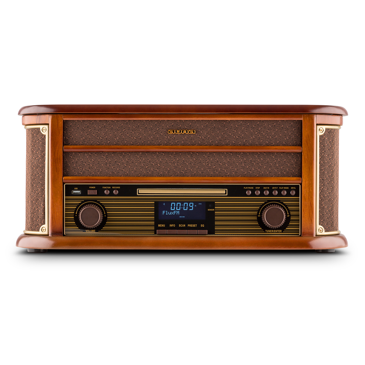 Ein hölzernes Radio im Retro-Stil mit Digitalanzeige und Knöpfen, auf weißem Hintergrund.