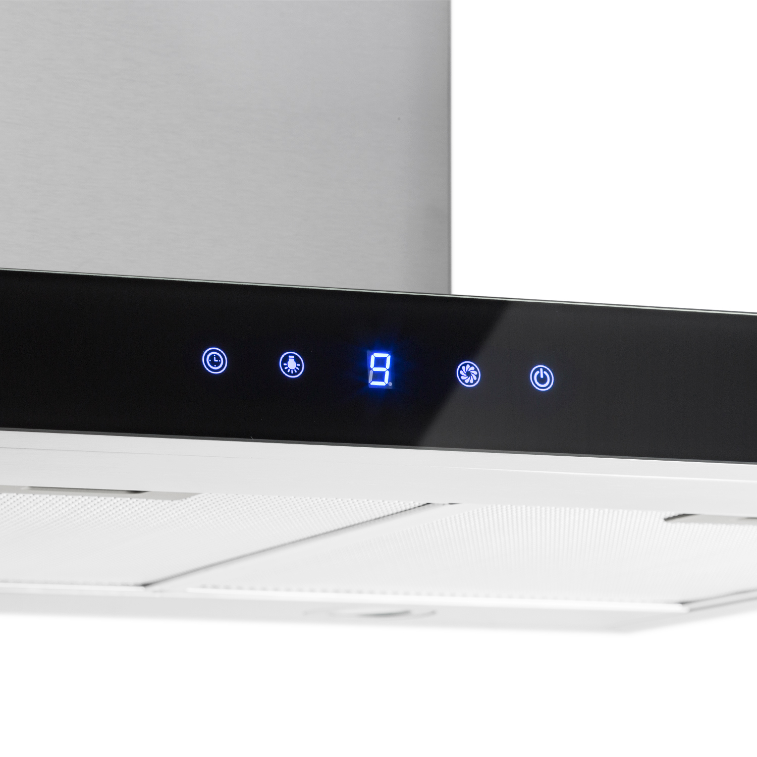 Primer plano de un panel de control de campana extractora blanca con pantalla digital.