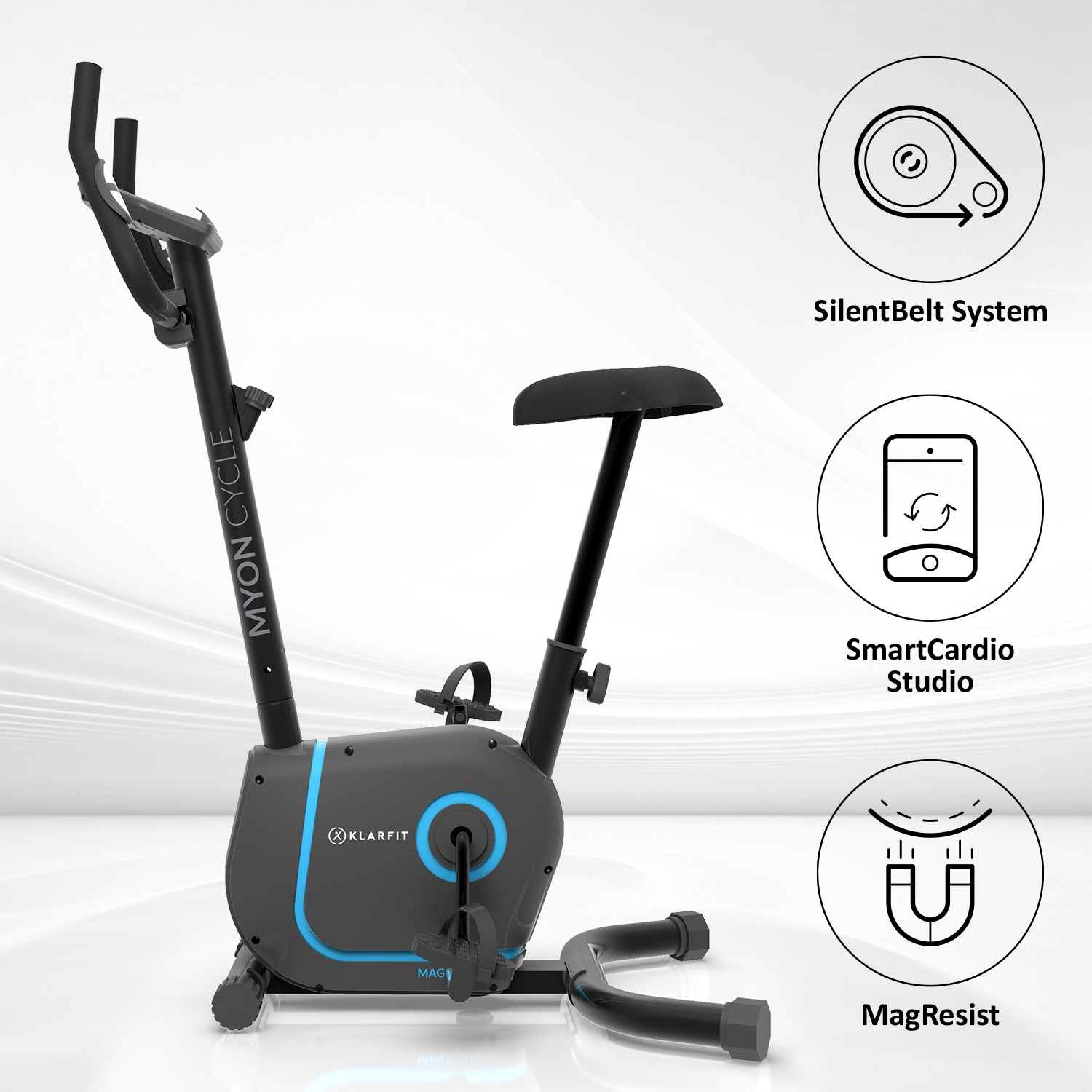 Schwarz-blaues Trainingsfahrrad mit Funktionssymbolen. Text: SilentBelt System, SmartCardio.