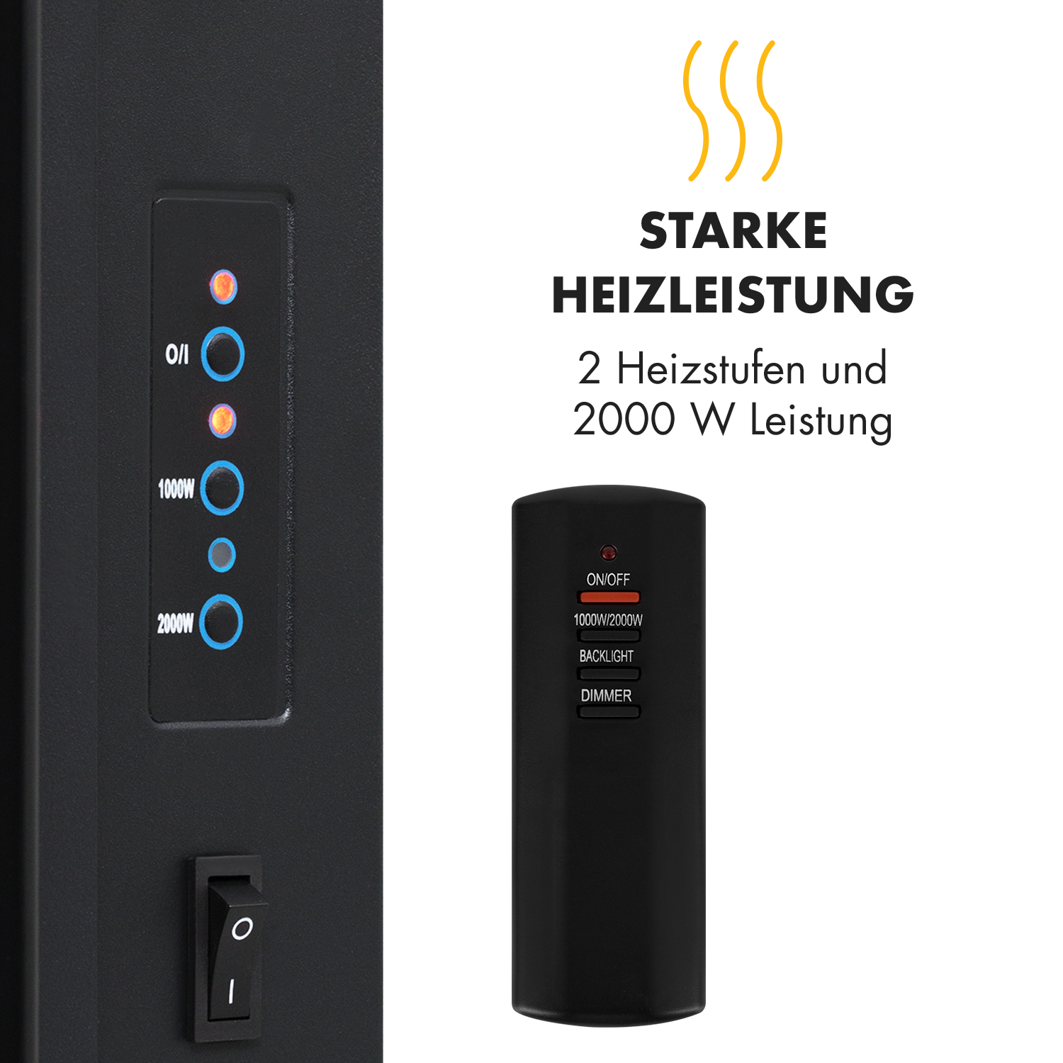 Schwarzer Elektrokamin mit Fernbedienung und Ein-Aus-Taste. Anzeige zeigt Einstellungen.
