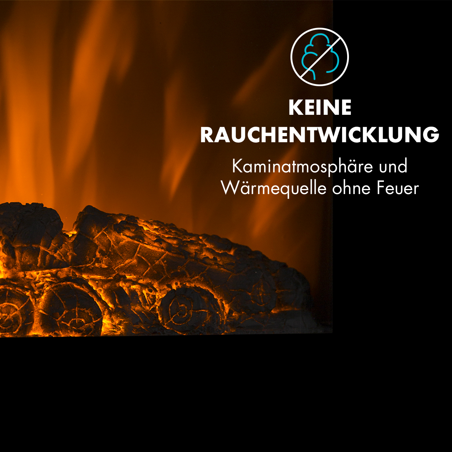 Ein elektrischer Kamin mit einem leuchtenden Feuereffekt und Text auf Deutsch.