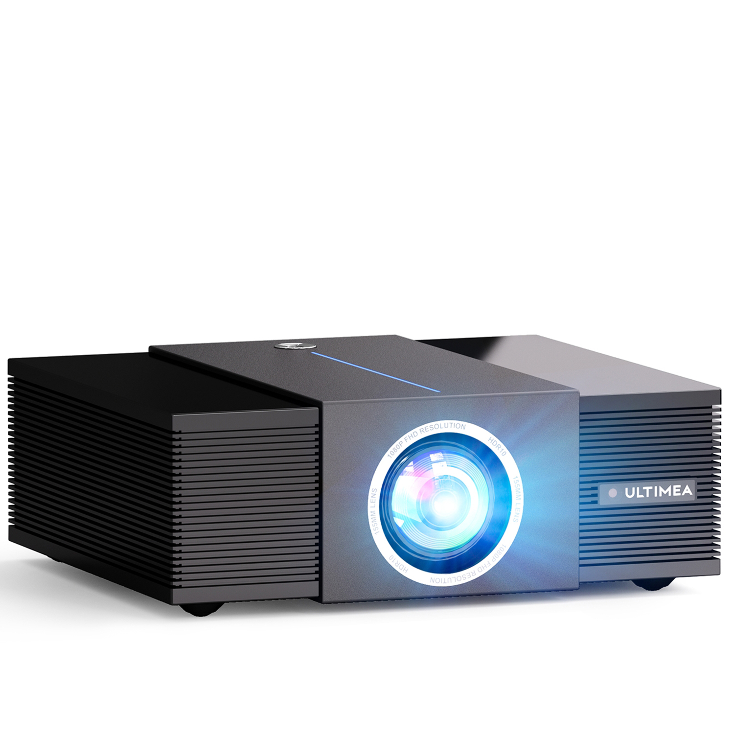 Zwarte en grijze projector met een blauwe lichtstraal die uit de lens komt.