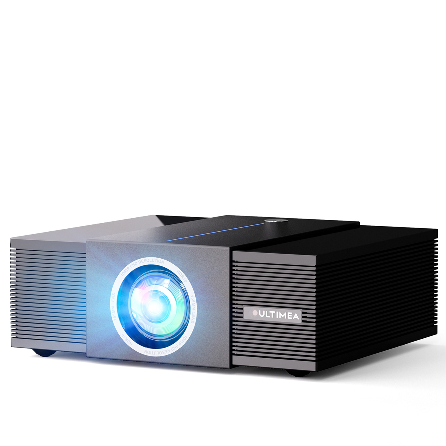 Zwarte en grijze projector met een helder blauw licht dat uit de lens komt. Het woord ULTIMEA staat erop.