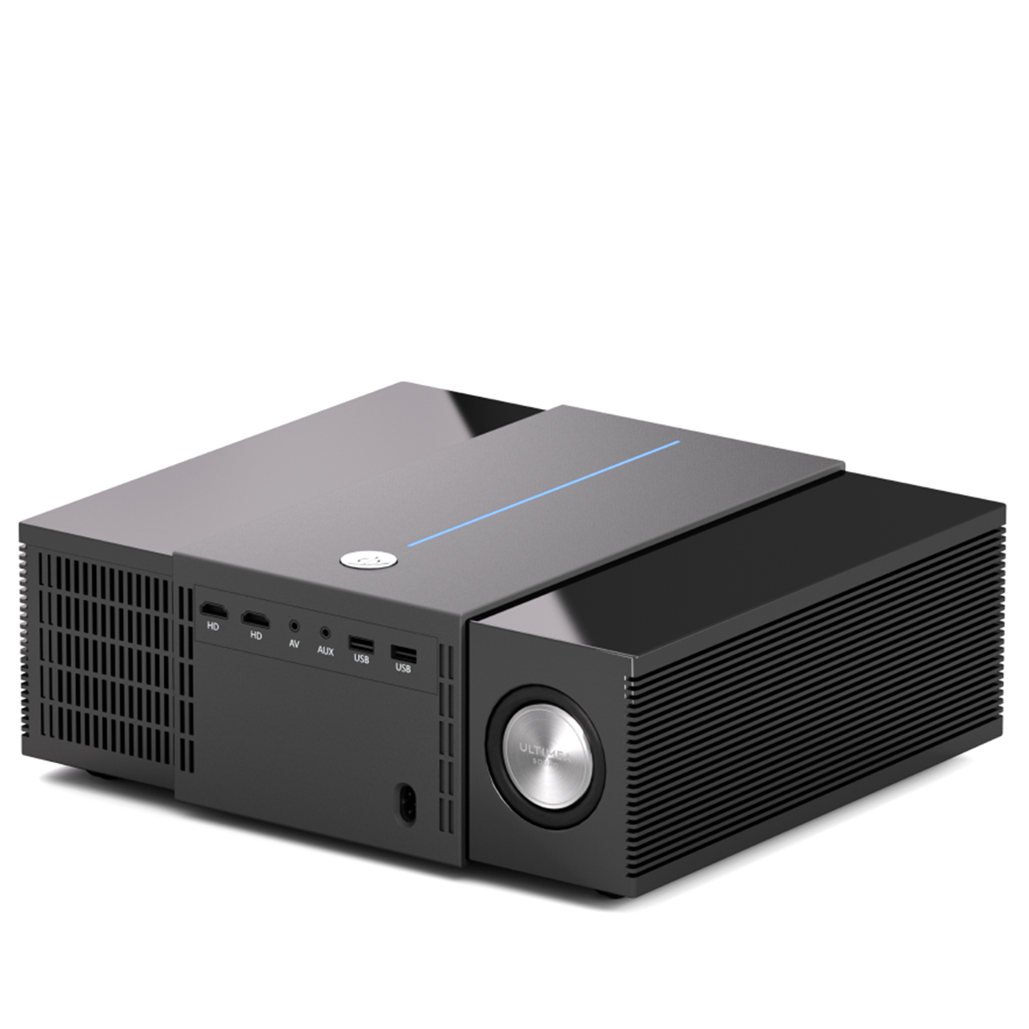 Czarny projektor z wejściami. Ma głośnik i niebieskie światło na górze.