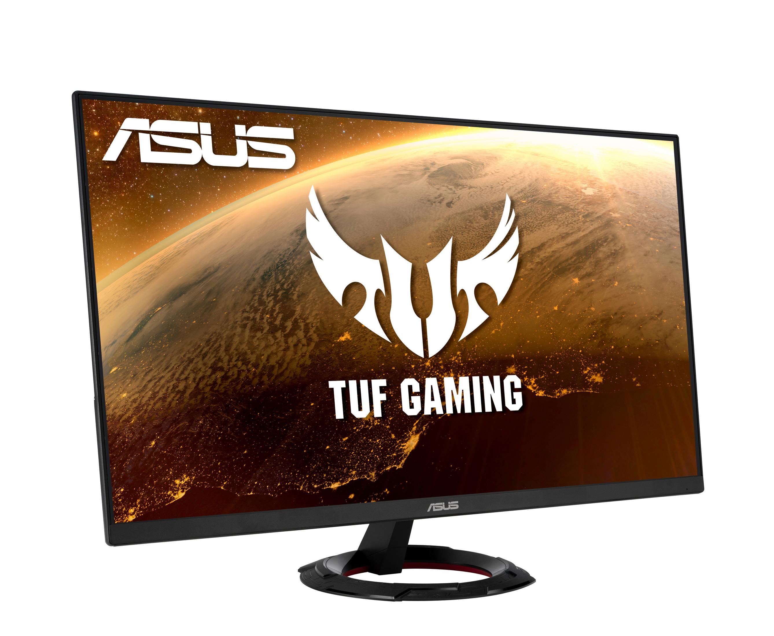 Un monitor ASUS TUF Gaming con pantalla curva, mostrando una escena espacial.