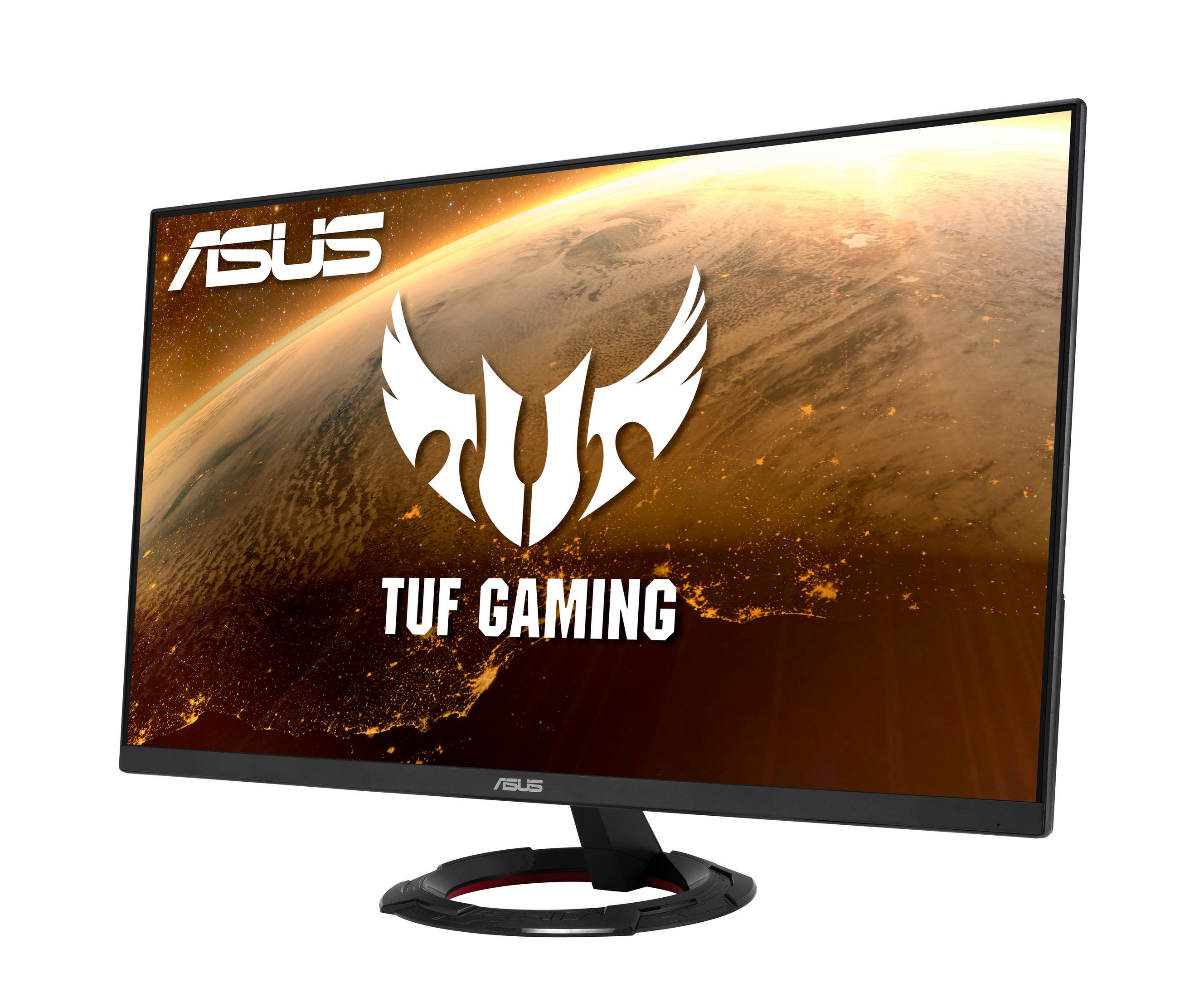 Monitor de juegos negro con logotipos de ASUS y TUF GAMING sobre fondo blanco.