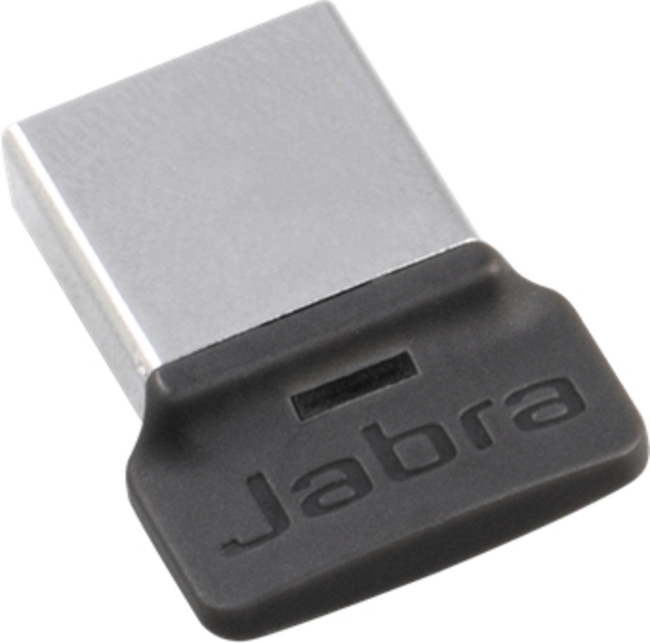 Ein schwarzer Jabra USB-Dongle mit silberner Oberseite. Das Wort Jabra ist auf dem schwarzen Teil aufgedruckt.