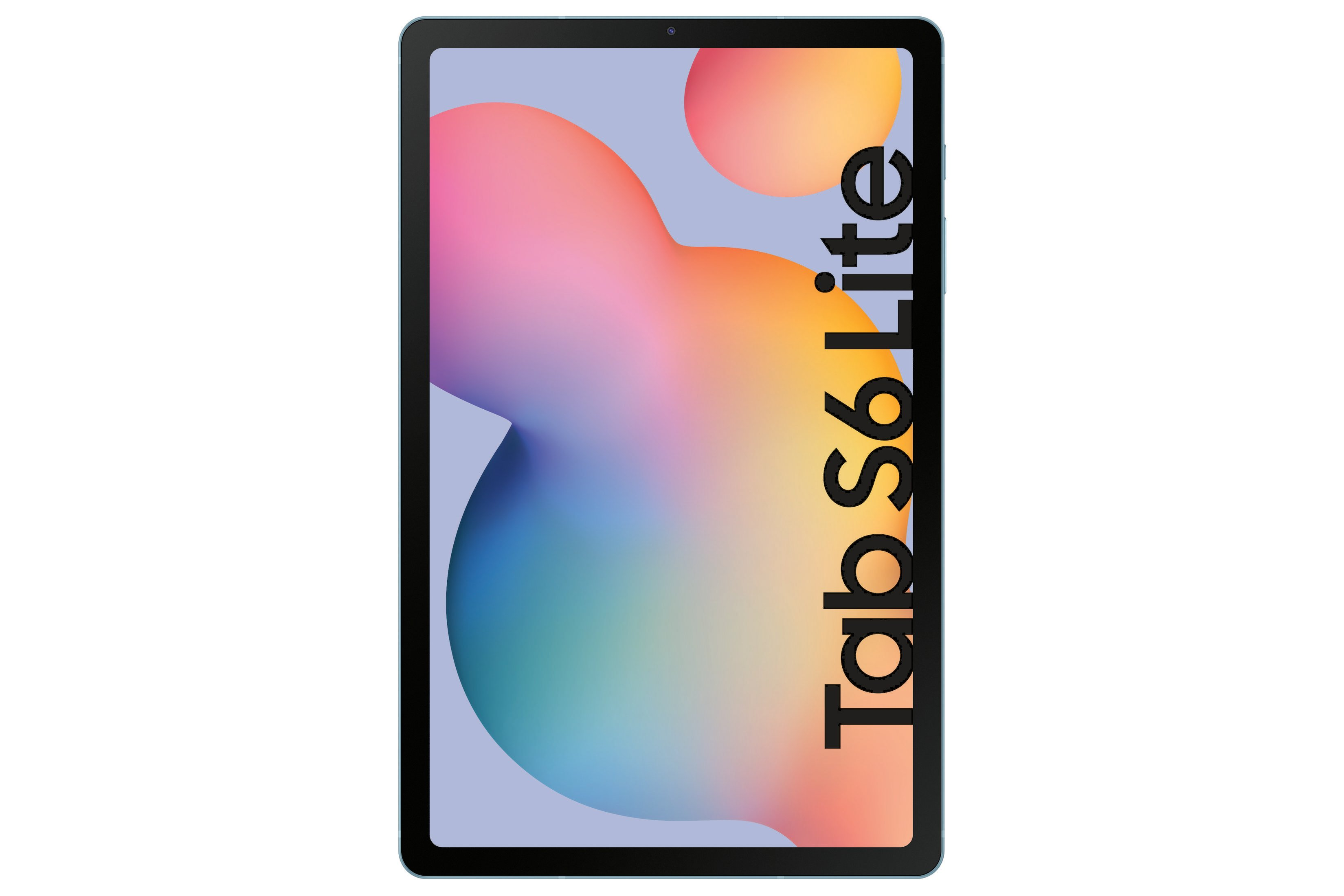 Zielony tablet ze słowami 'Tab S6 Lite' na ekranie, na białym tle, z przednim aparatem.