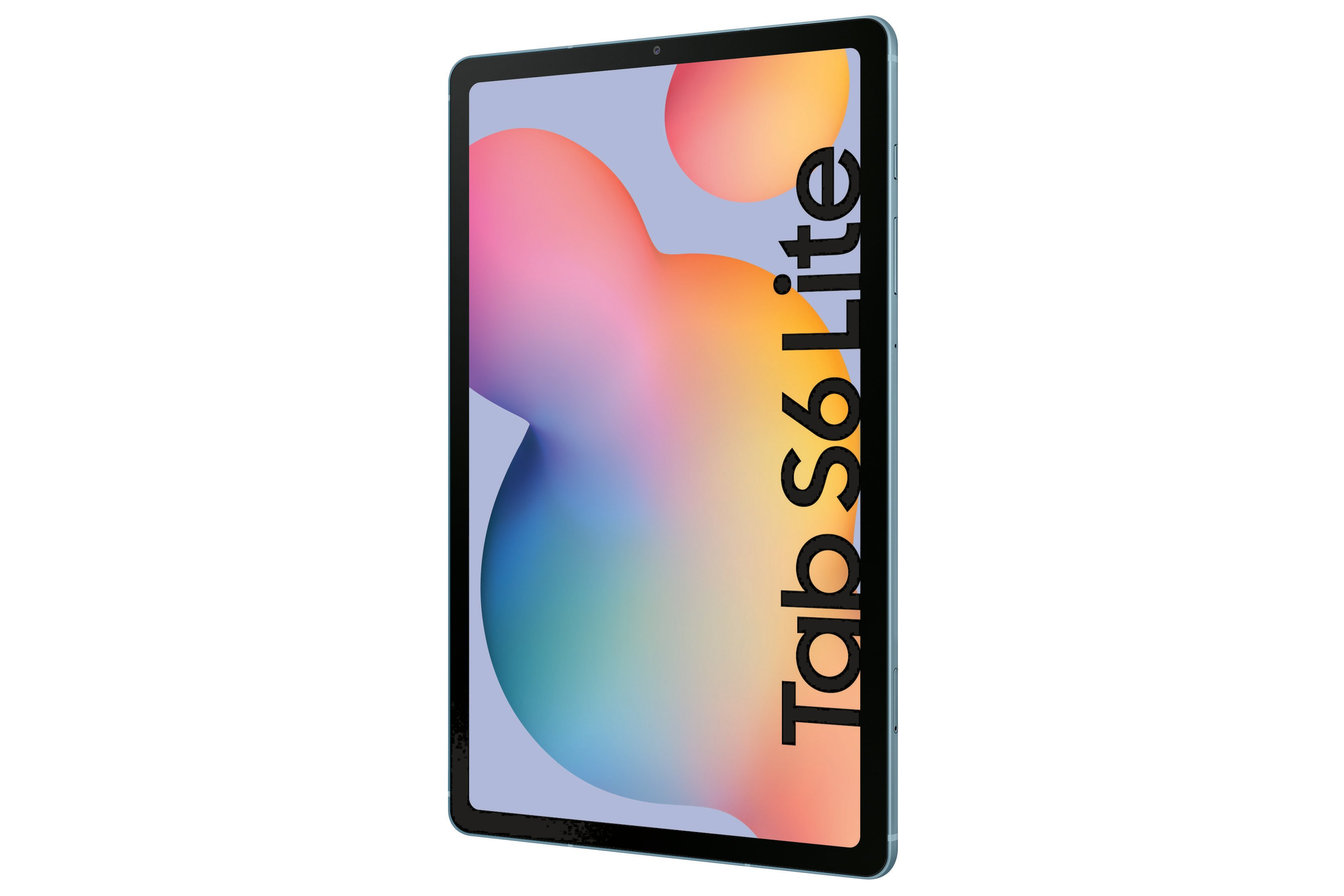 Tablet z tekstem "Tab S6 Lite" wyświetlanym na ekranie. Jasne tło.