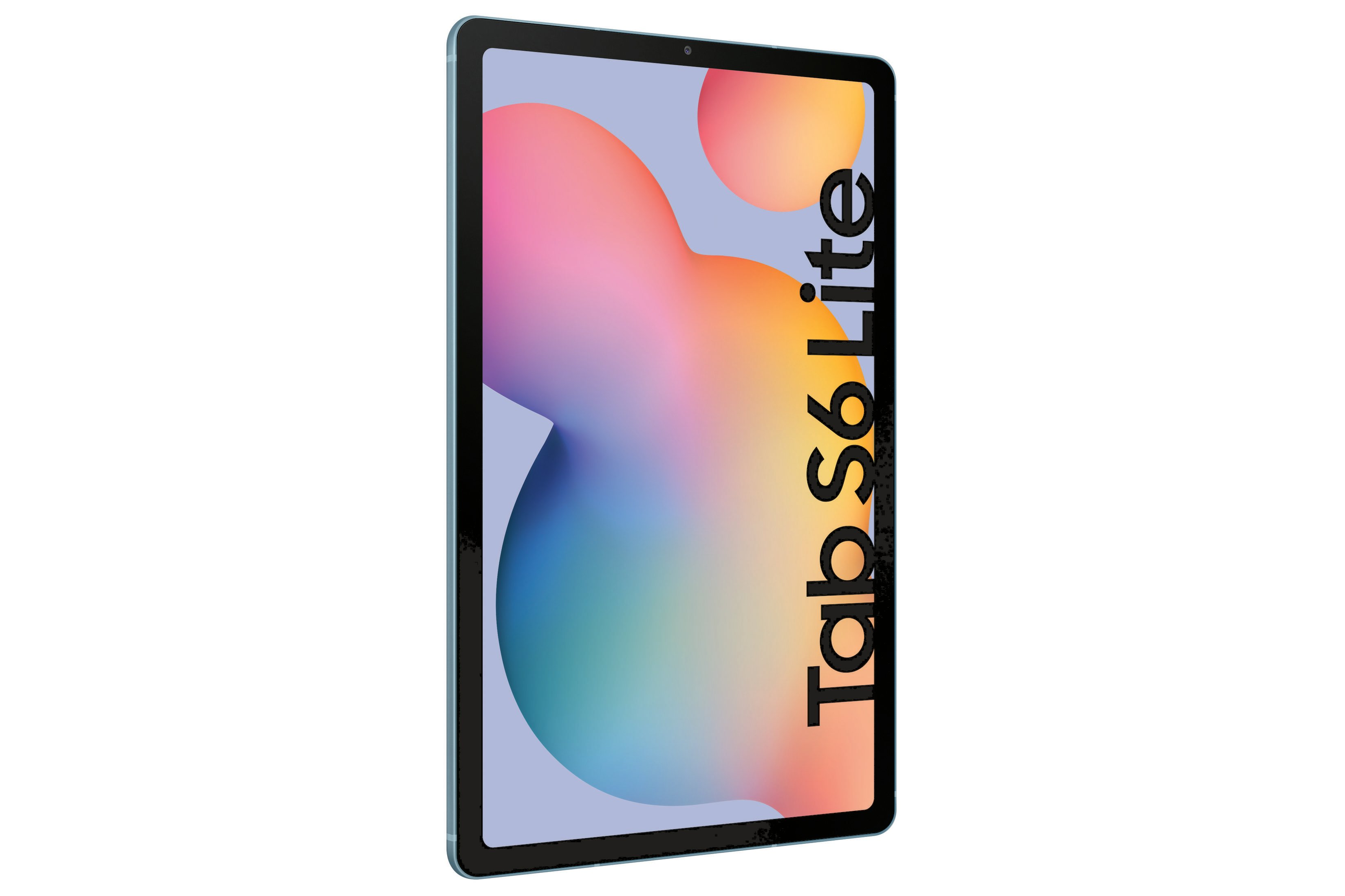 Tablet z kolorowym ekranem, tekst "Tab S6 Lite" w kolorze czarnym po prawej.