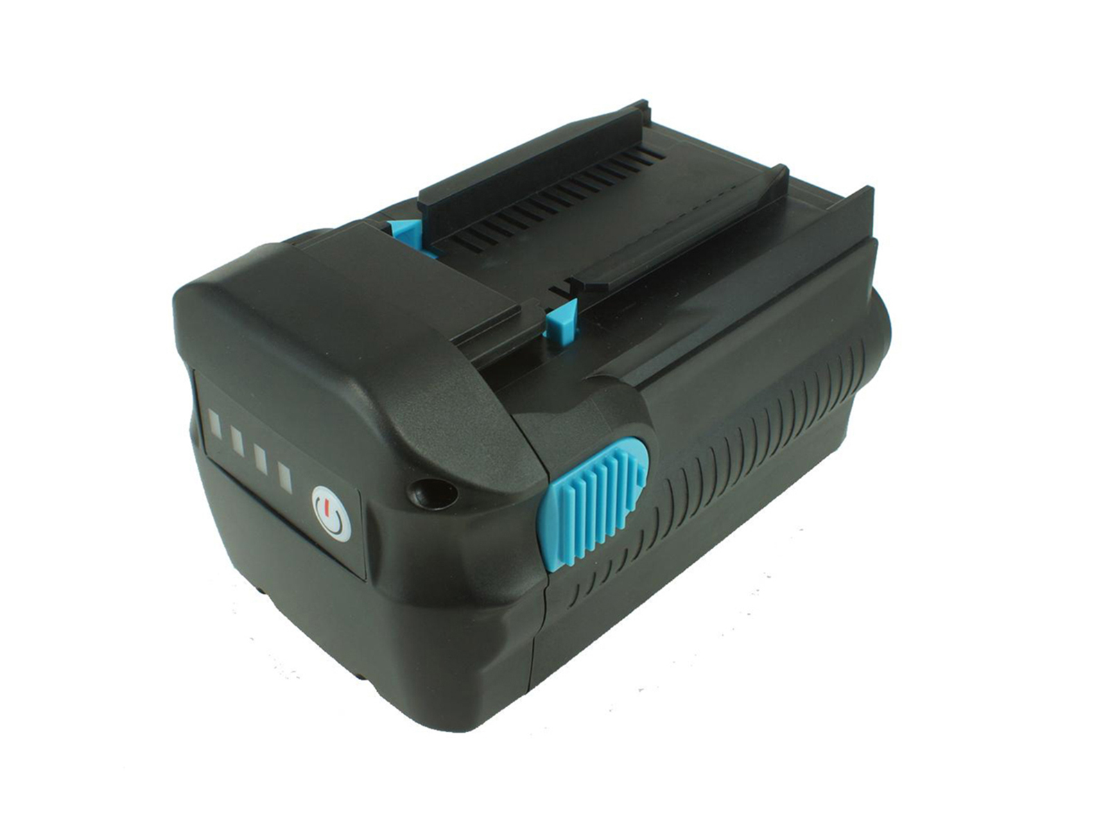 Batteria per utensili elettrici nera e blu con indicatore e pulsante, su sfondo bianco.