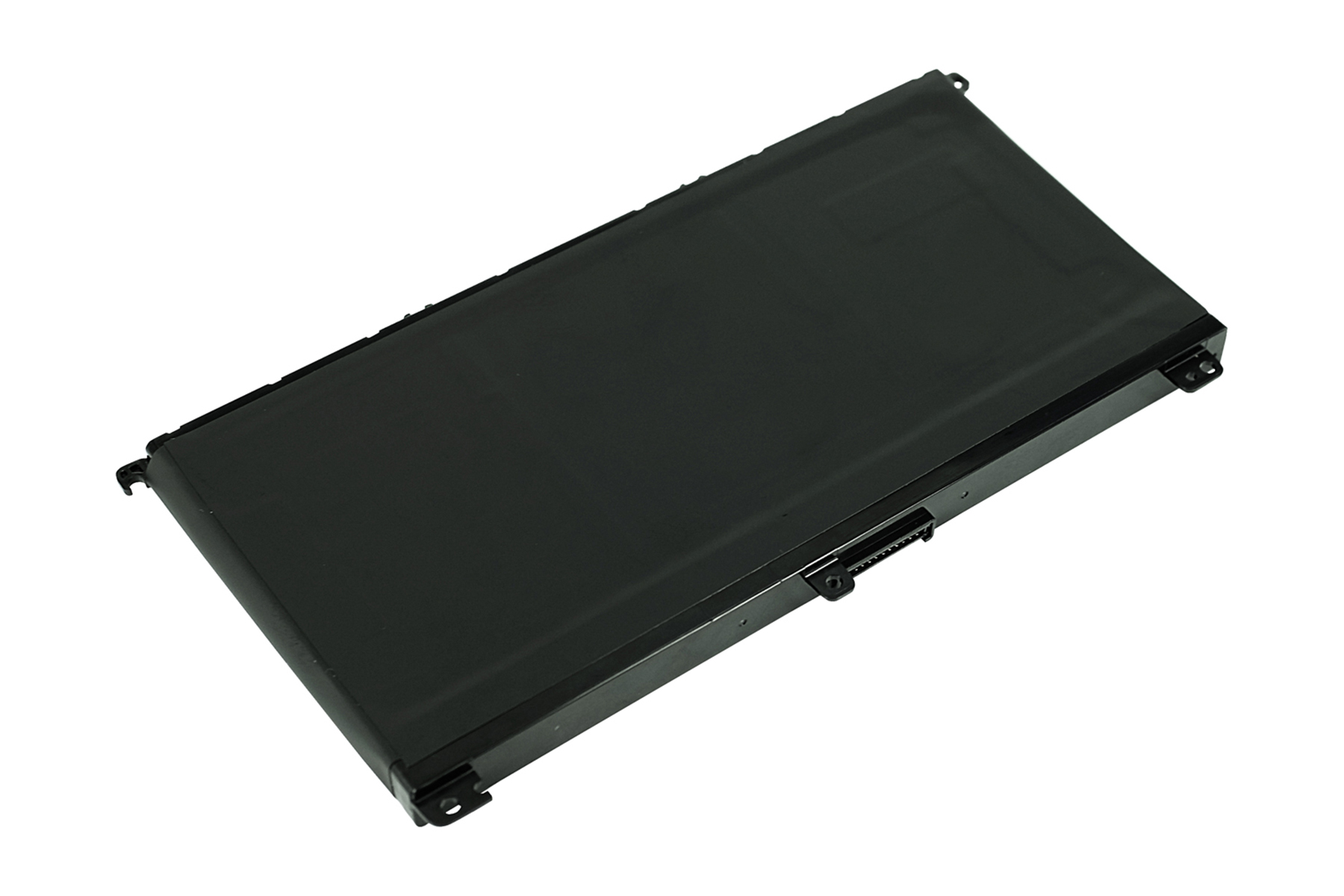 Schwarzer Laptop-Akku, schräge Ansicht, freigestellt auf weißem Hintergrund.