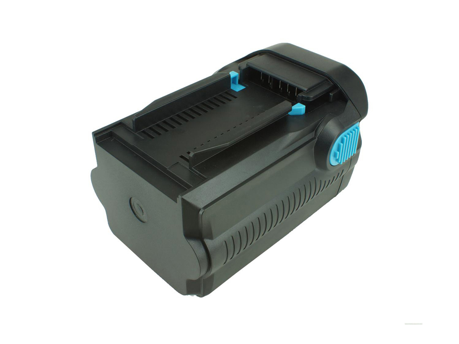 Batteria rettangolare nera con parte superiore blu e lati scanalati. È leggermente angolata verso la fotocamera.