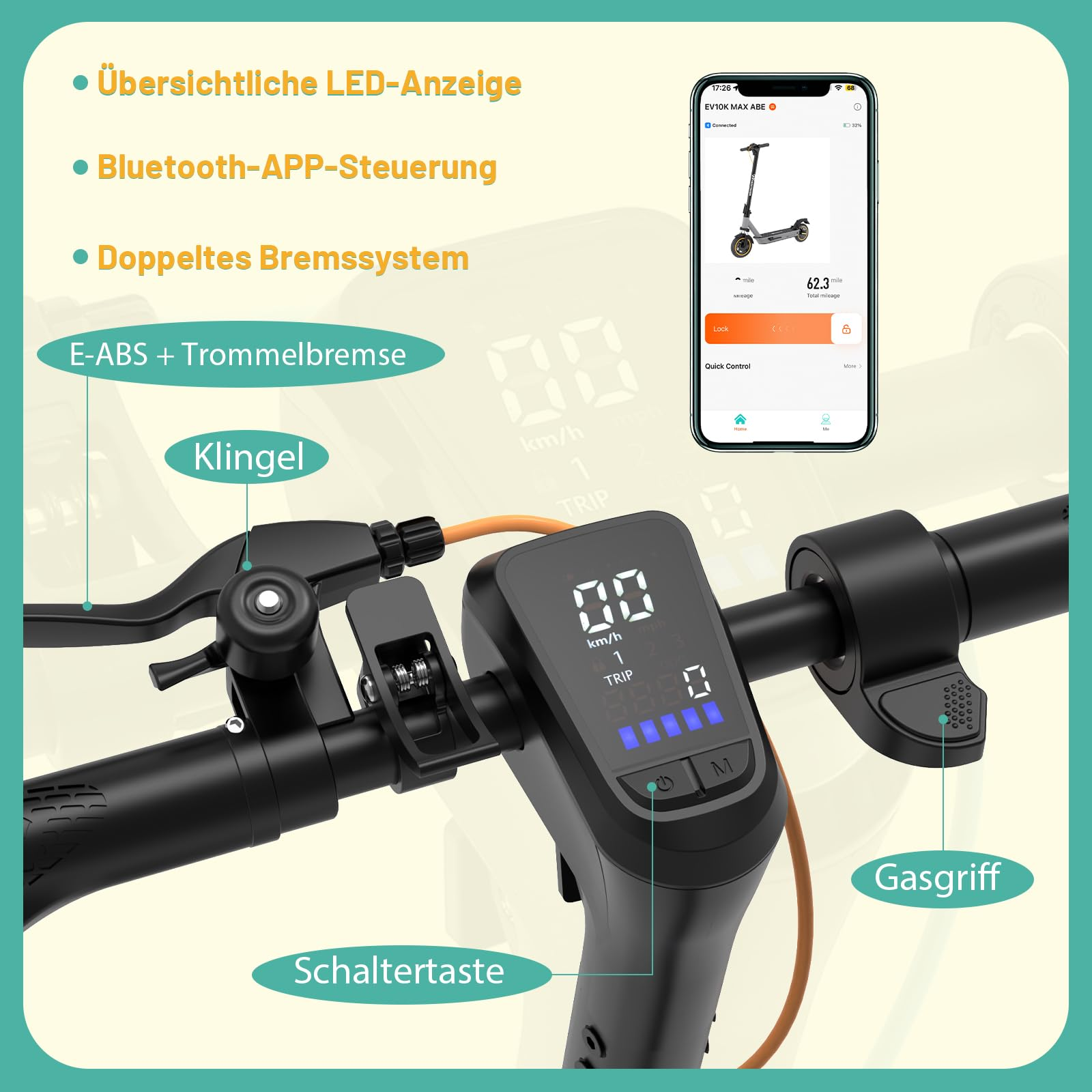 Manubrio scooter con display, etichette e schermo del telefono. Mostra velocità e info.