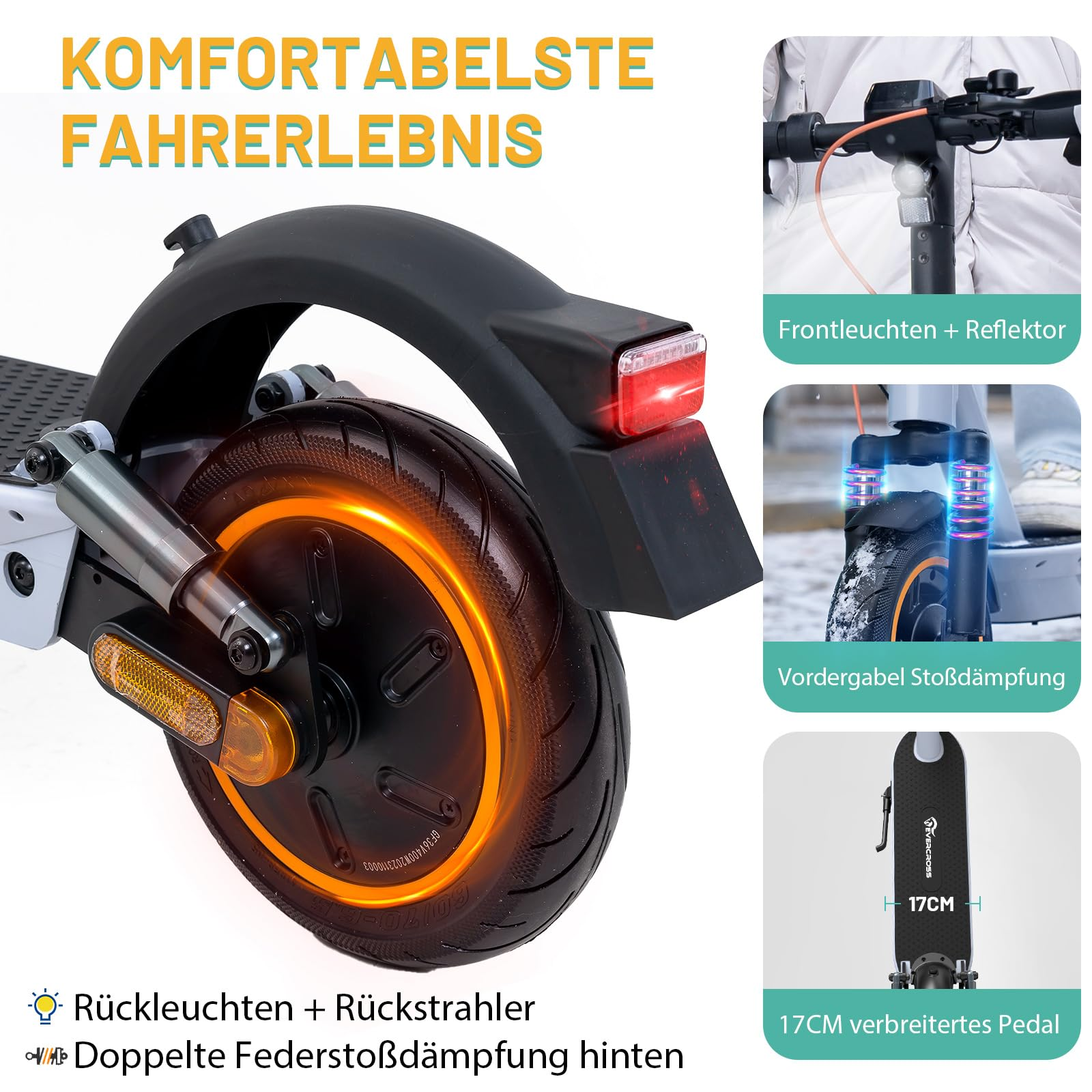Scooter elettrico con ruota illuminata, funzioni e testo in tedesco, sfondo bianco.