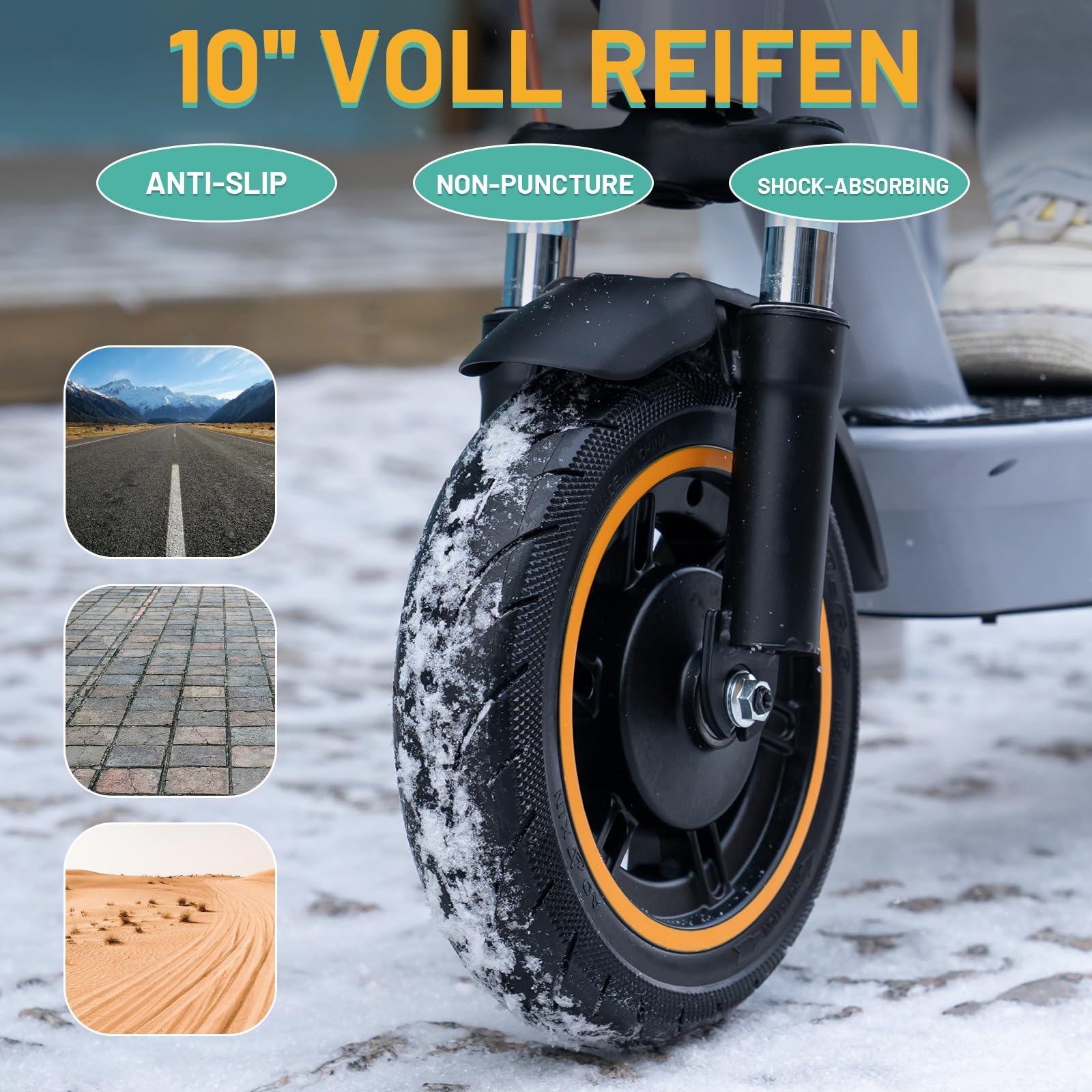 Una ruota di scooter con pneumatico nero, cerchio arancione e terreno innevato. Include immagini di strada, pavimentazione.