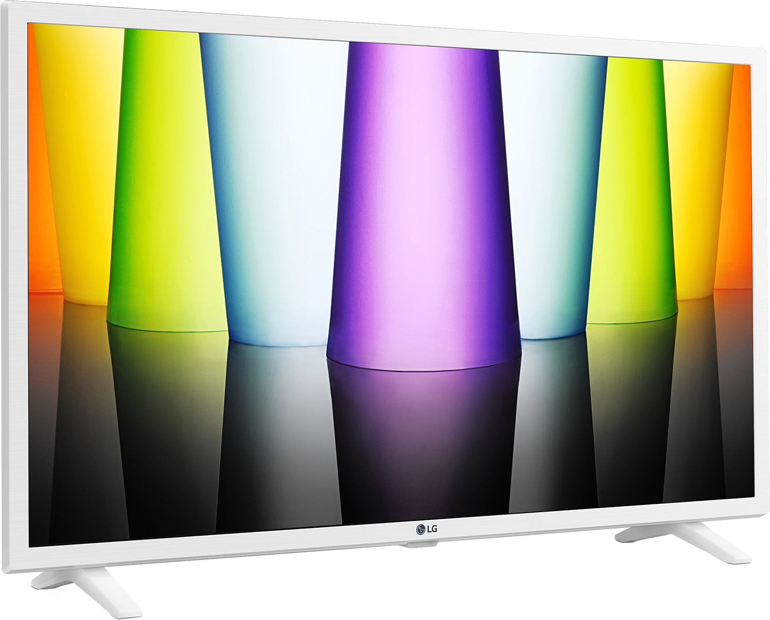 Telewizor w białej ramie wyświetlający kolorowe pionowe kształty.