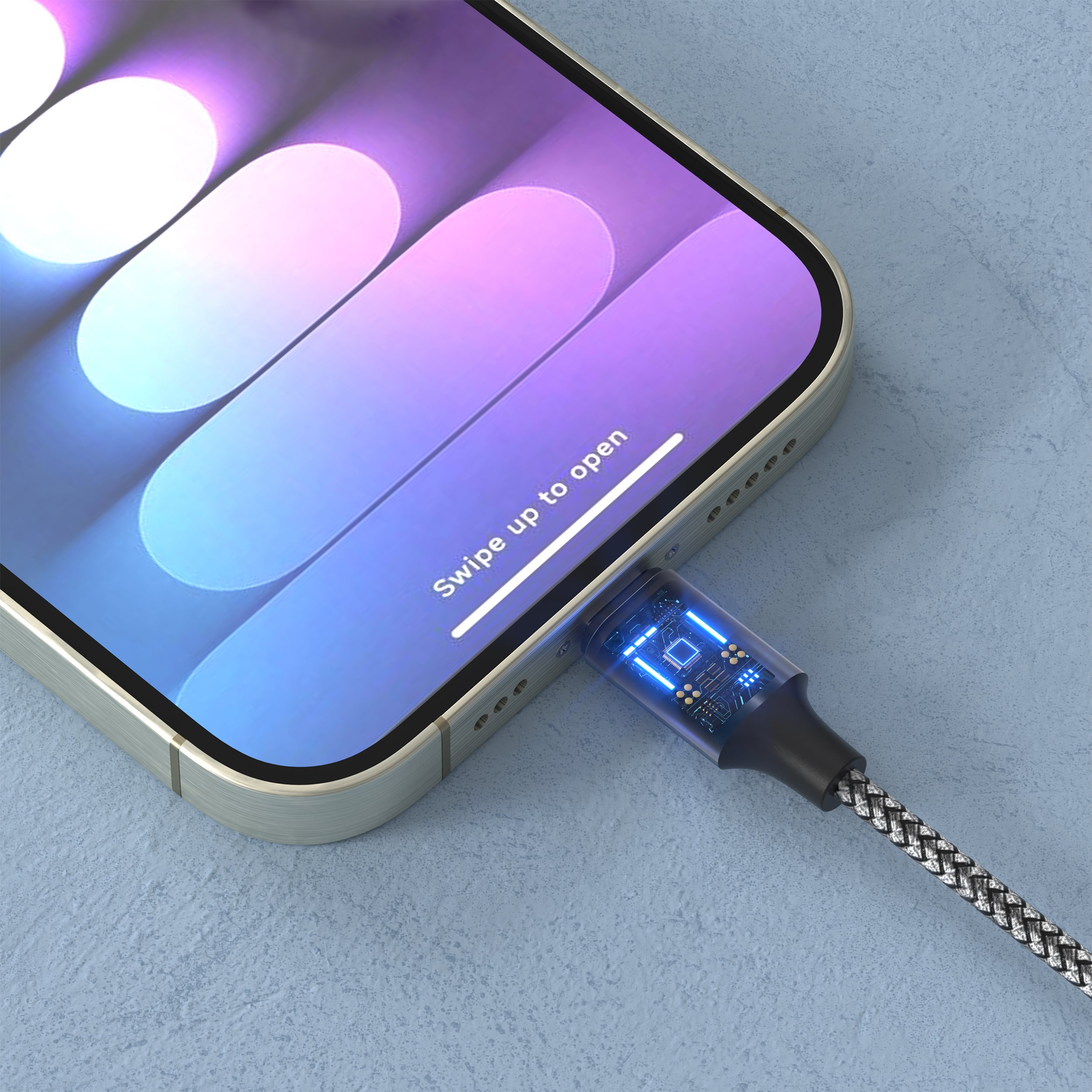 Nahaufnahme eines Telefons mit angeschlossenem Ladekabel; blaues Leuchten.
