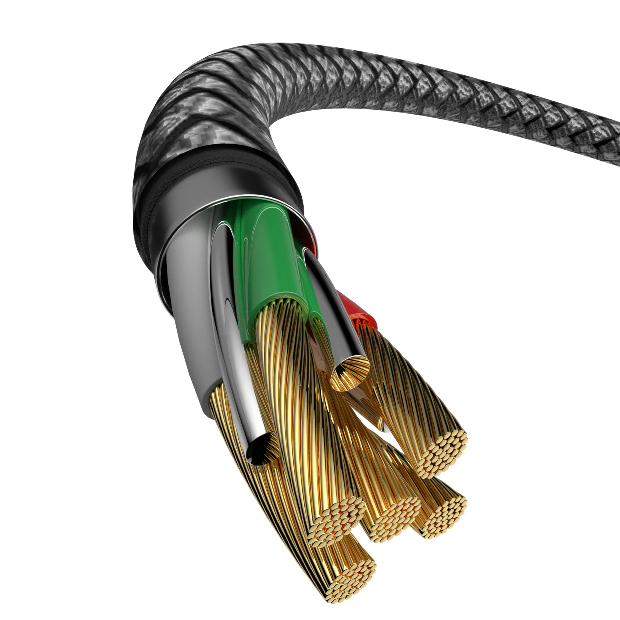 Querschnitt eines Kabels mit goldenen, grünen und roten Drähten, umwickelt von schwarzem und silbernem Gehäuse.