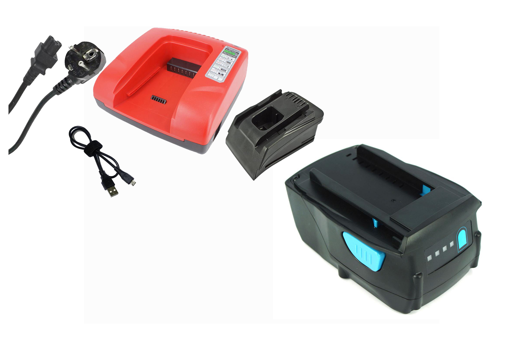 Caricabatterie per utensili elettrici, batterie e cavi su sfondo bianco.