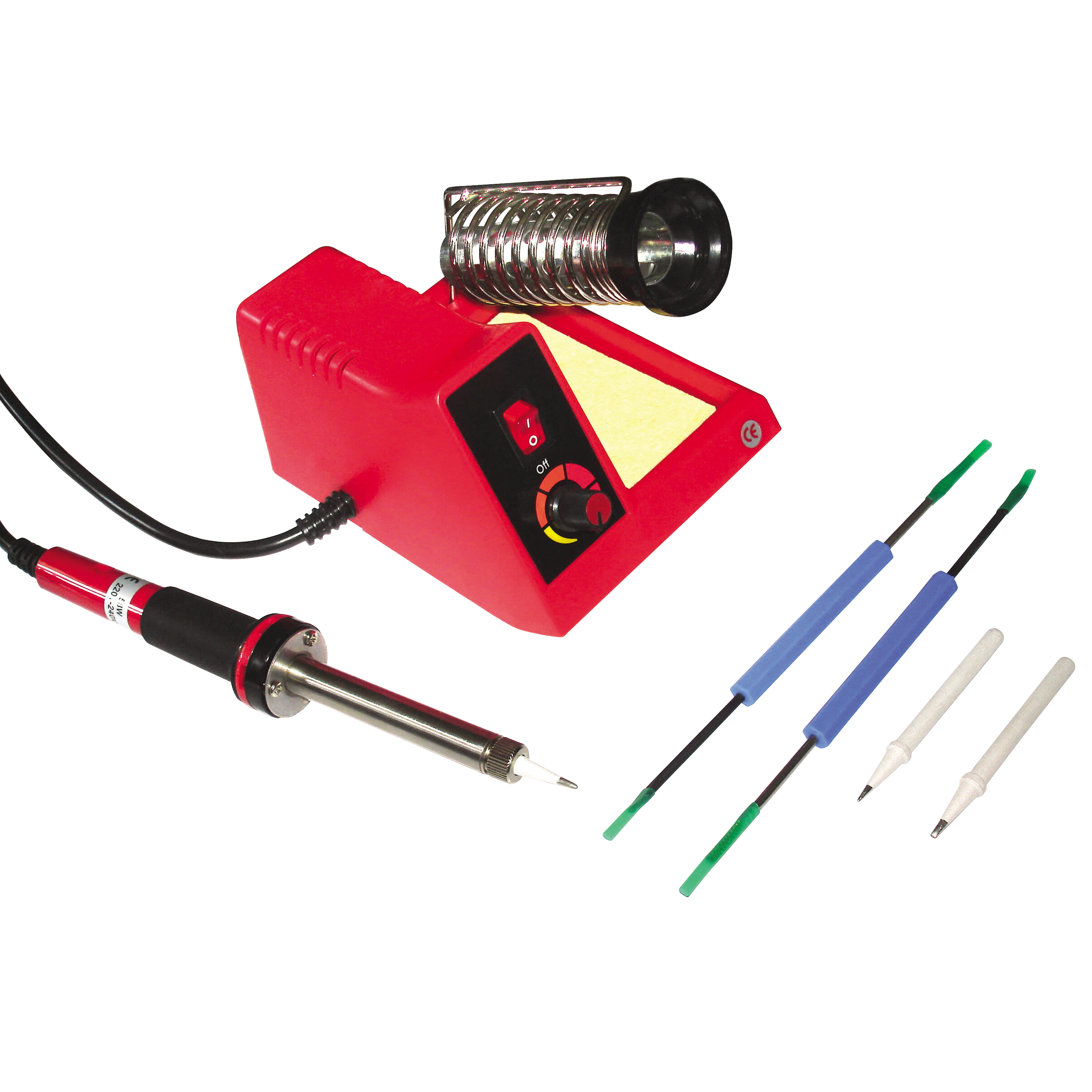 Lötkolben-Set mit roter Basis, schwarzem Griff und verschiedenen Spitzen sowie einem Ständer.