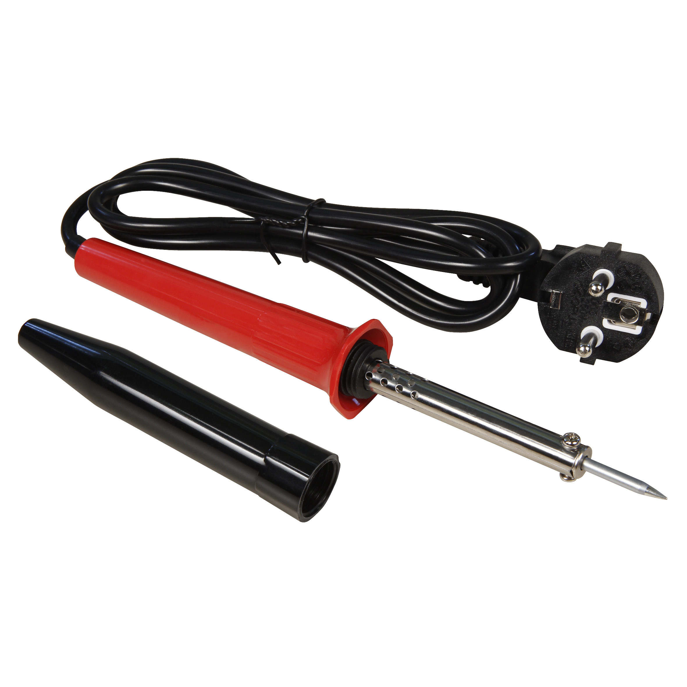 Lötkolben mit rotem Griff, schwarzem Kabel und Stecker, auf schwarzem Hintergrund.