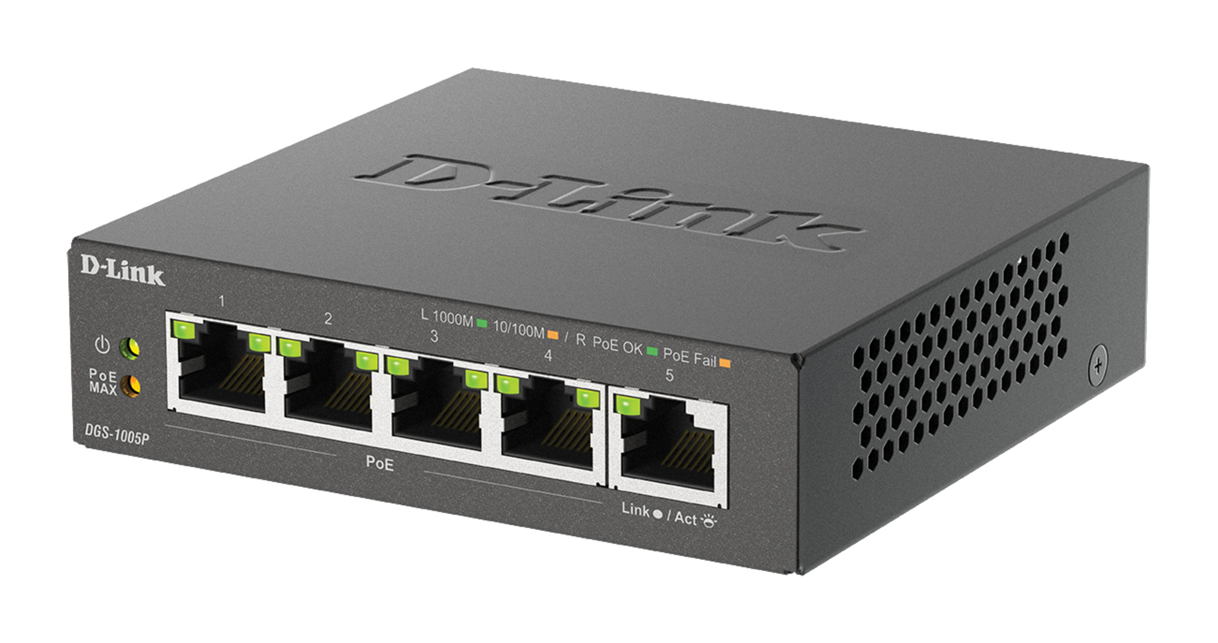 Switch di rete D-Link nero con 5 porte. Porte etichettate 1-5 e PoE. Modello DGS-1005P.