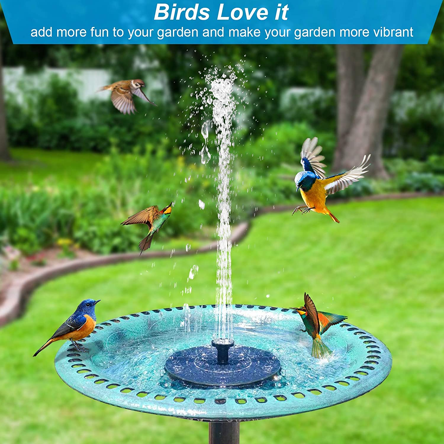 Fontanna z ptakami wokół. Fontanna rozpyla wodę w górę.