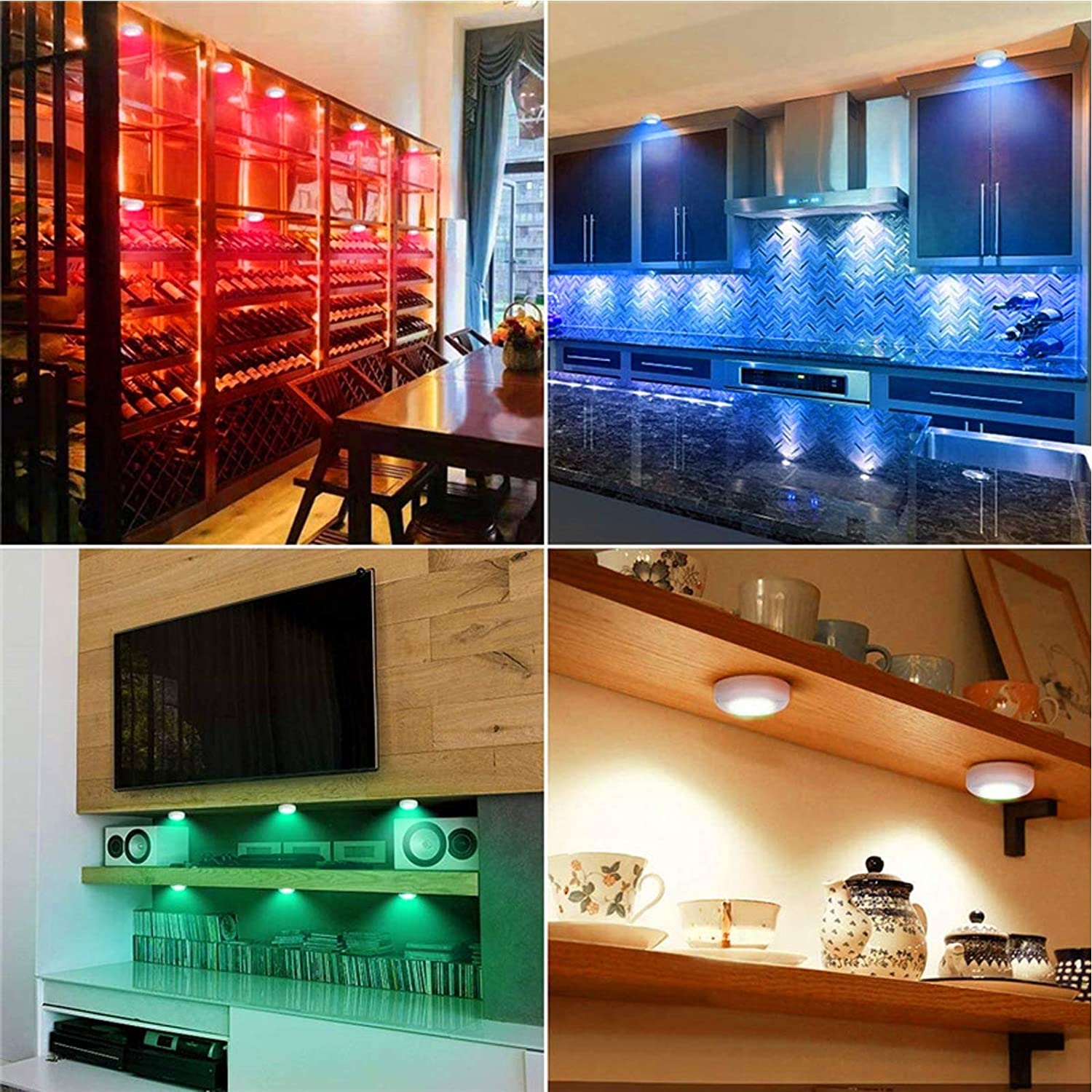 Cuatro imágenes de habitaciones con luces de colores: bodega, cocina, sala de estar y estantería.