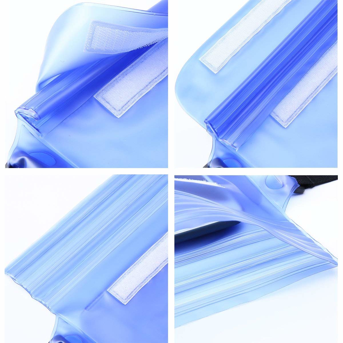 Cztery zbliżenia niebieskiej wodoodpornej torby z białymi zapięciami na rzepy.