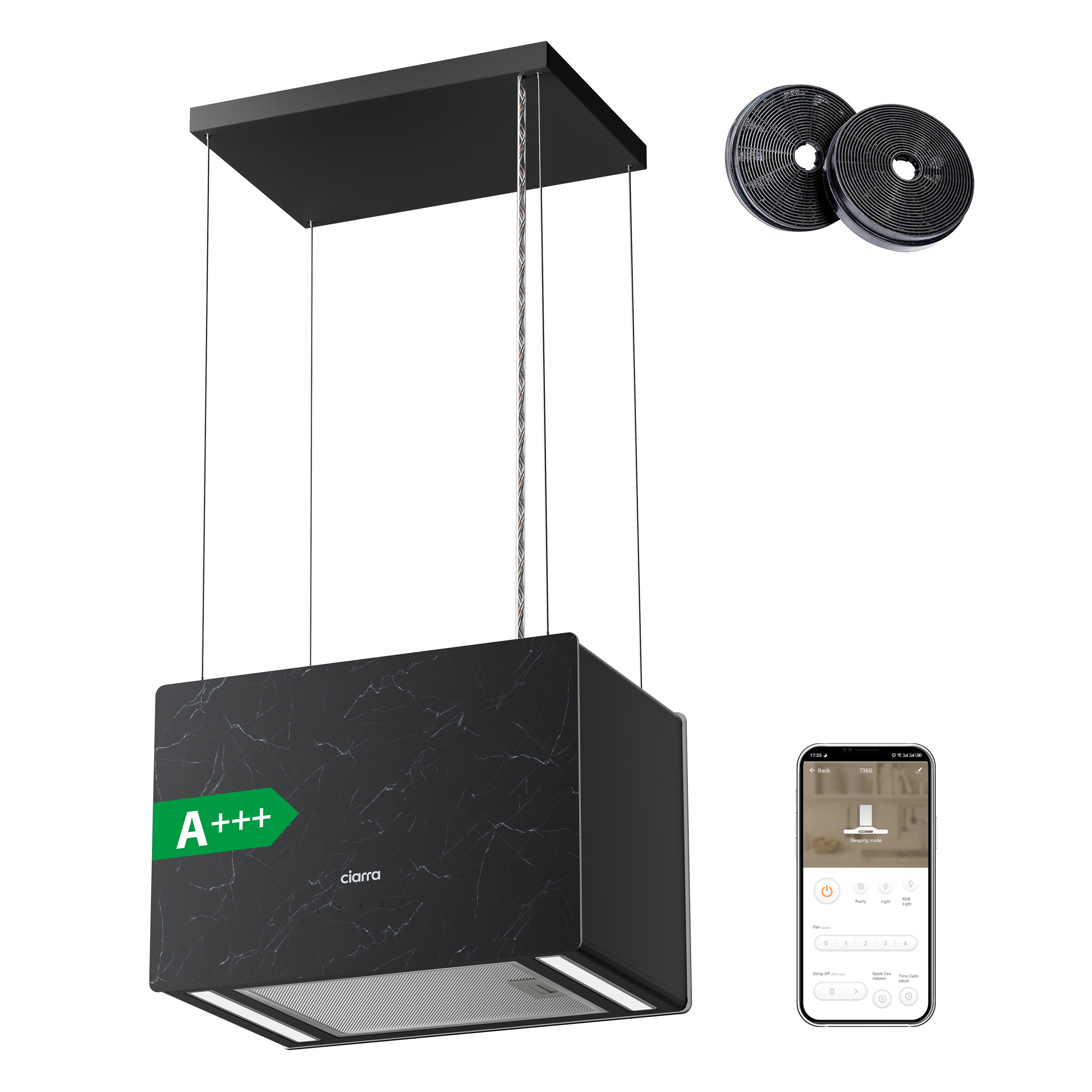 Schwarze und marmorierte Küchenhaube mit Bedienfeld, Lüfterfiltern und Smartphone.