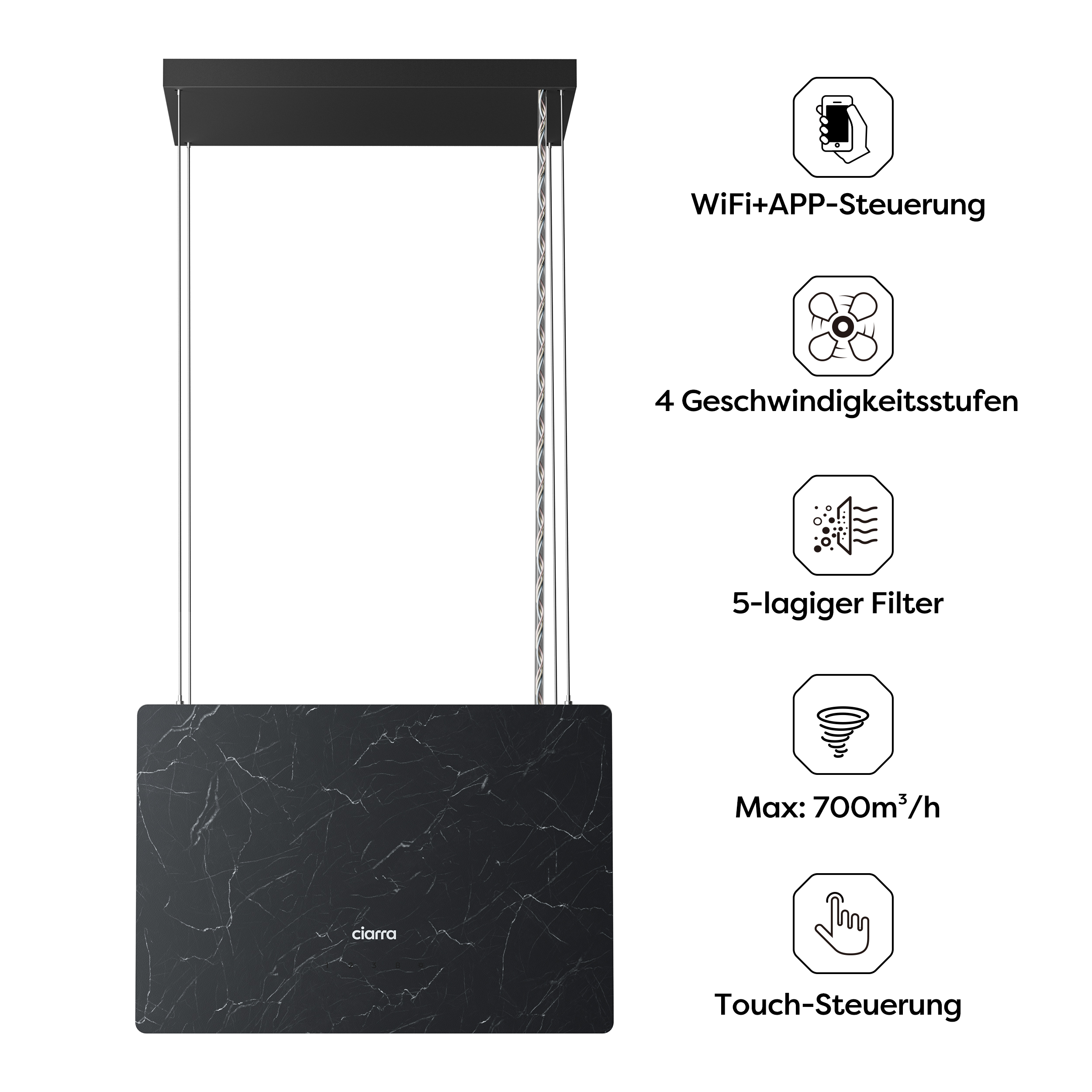 Schwarze Dunstabzugshaube mit Marmoreffekt. Symbole zeigen Funktionen: WiFi, 4 Geschwindigkeiten, Filter, 700m3/h, Touch.