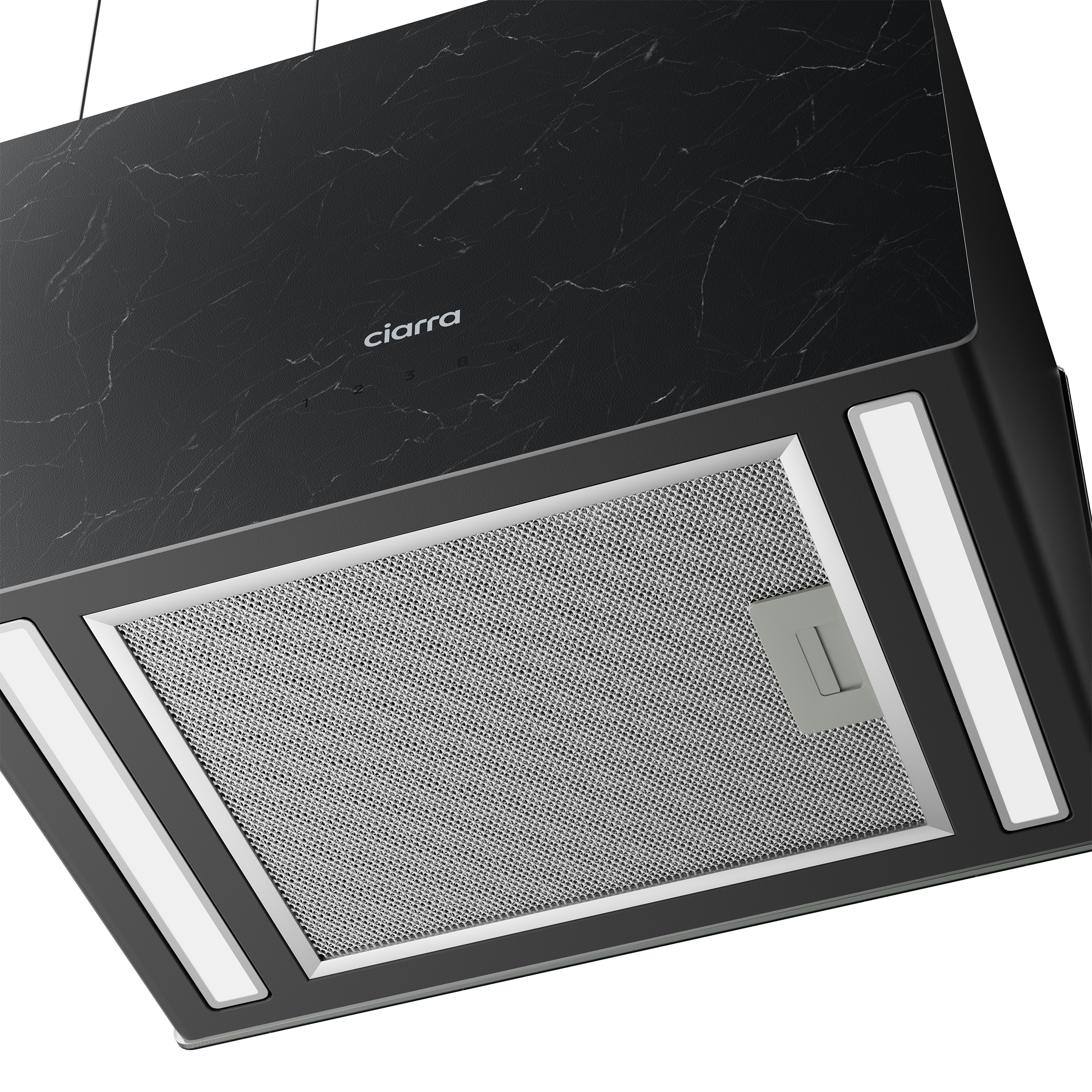 Schwarze Dunstabzugshaube mit Marmormuster, silbernem Netzfilter und weißen LED-Leuchten. Marke: ciarra.
