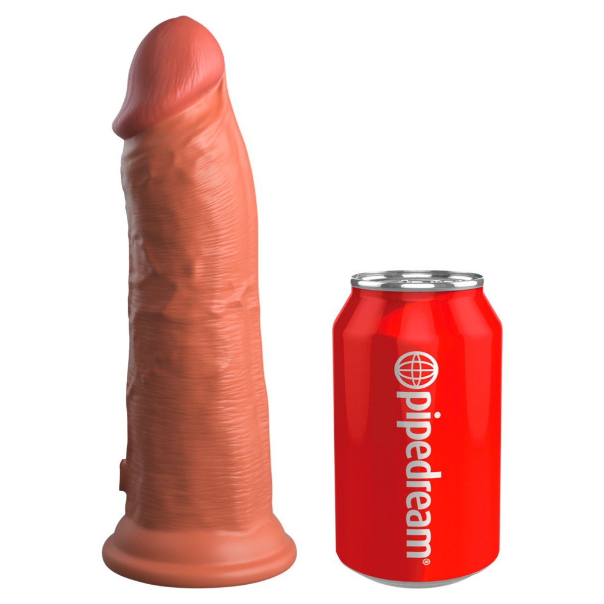 Un juguete sexual grande, color carne, junto a una lata de refresco roja "pipedream". Ambos objetos sobre un fondo blanco.