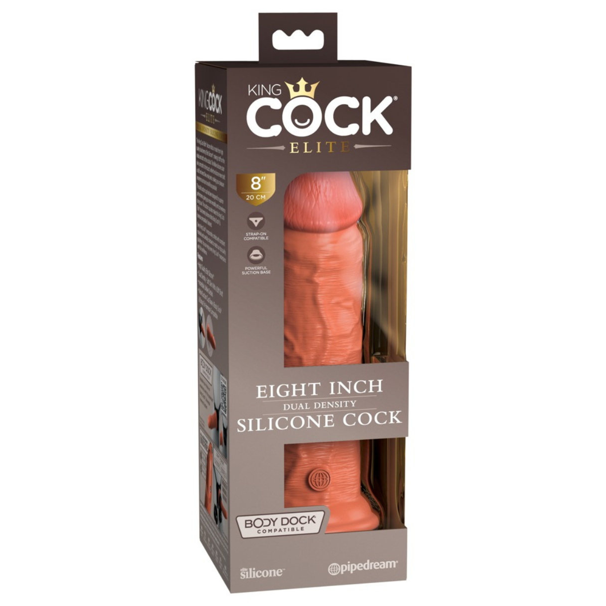 Un consolador de silicona en una caja. La caja dice 'King Cock Elite' y 'Eight Inch Dual Density Silicone Cock'.
