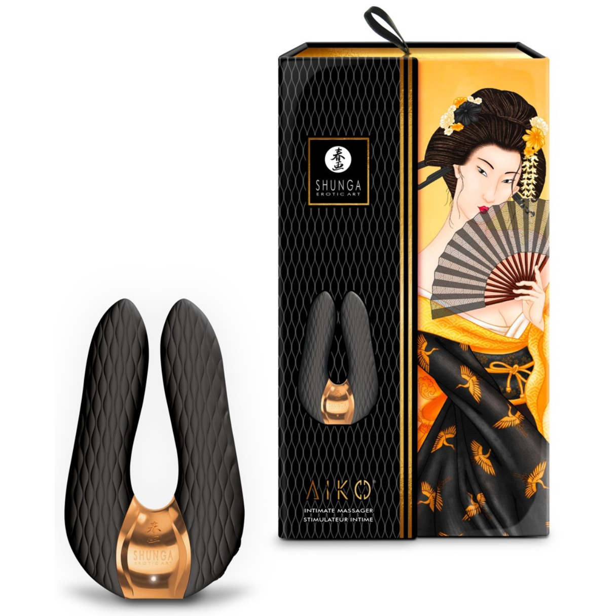 Masajeador íntimo negro y caja con una ilustración de geisha.