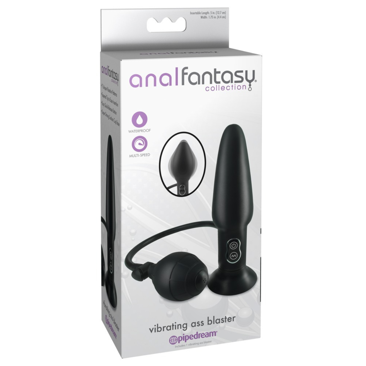 Schachtel mit schwarzem Sexspielzeug. Aufschrift: 'Vibrating Ass Blaster' und 'Anal Fantasy'.