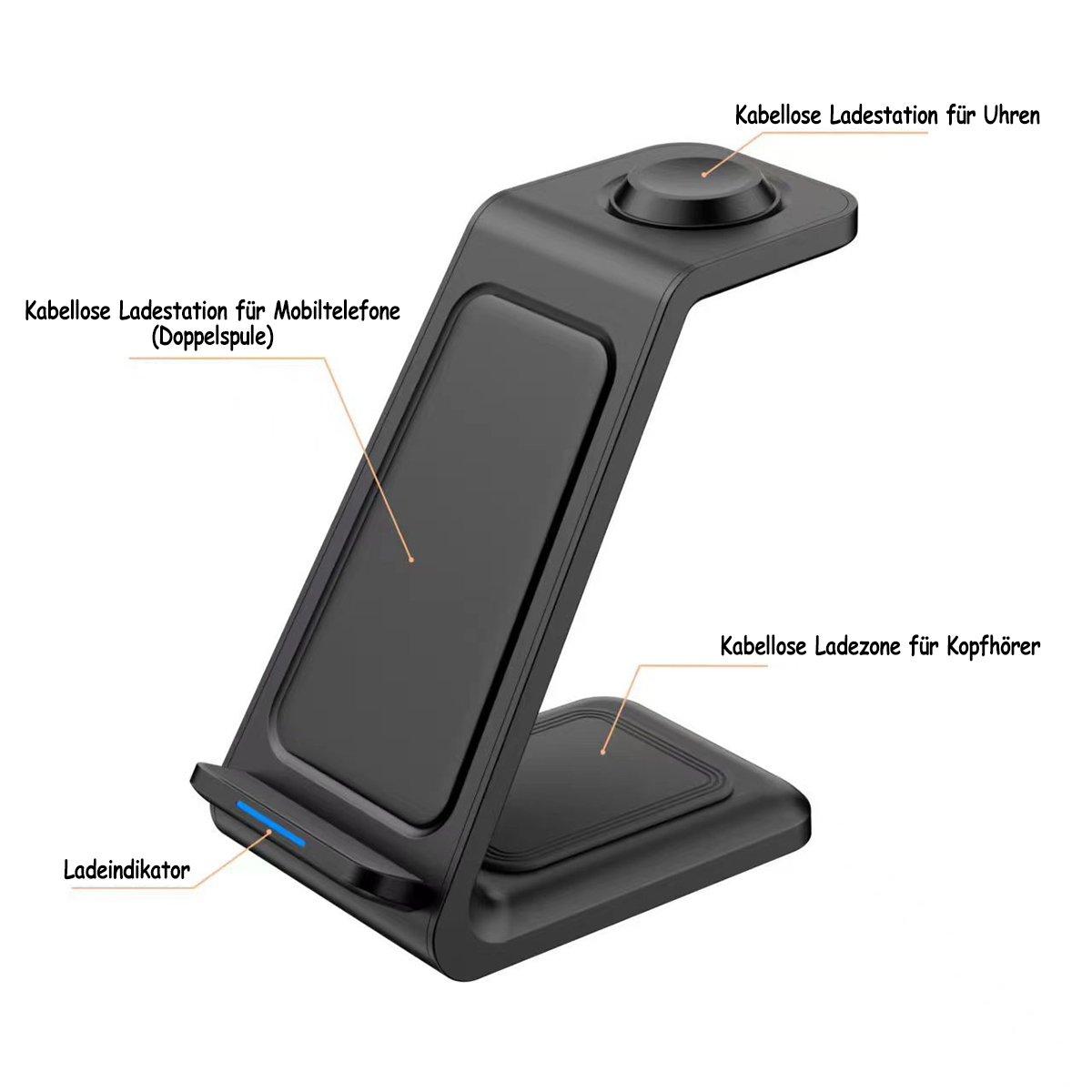Kabellose Ladestation mit Bereichen für Telefon, Uhr und Kopfhörer, auf Weiß.