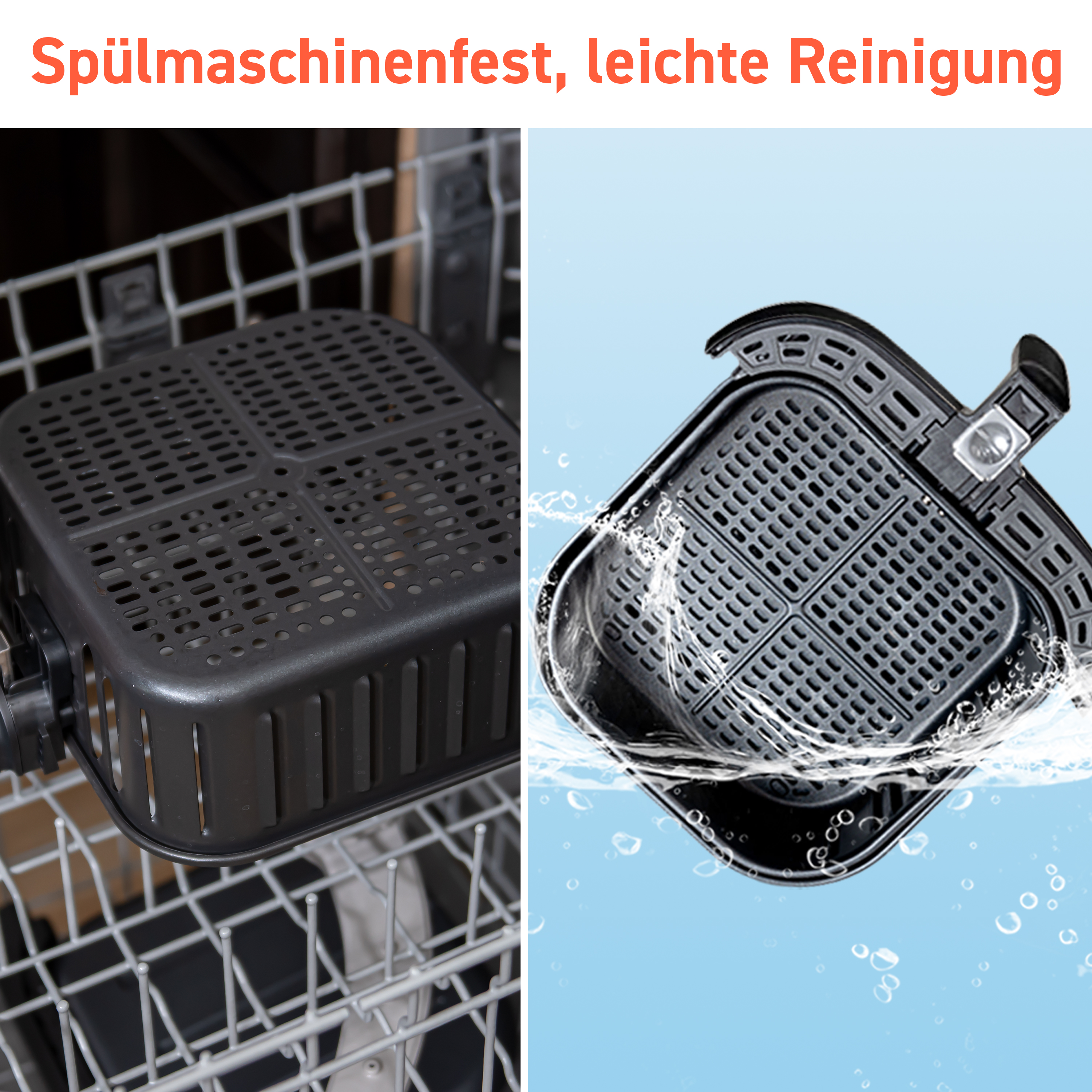 Airfryer-Teile in der Spülmaschine und Airfryer-Korb. Text: einfache Reinigung.