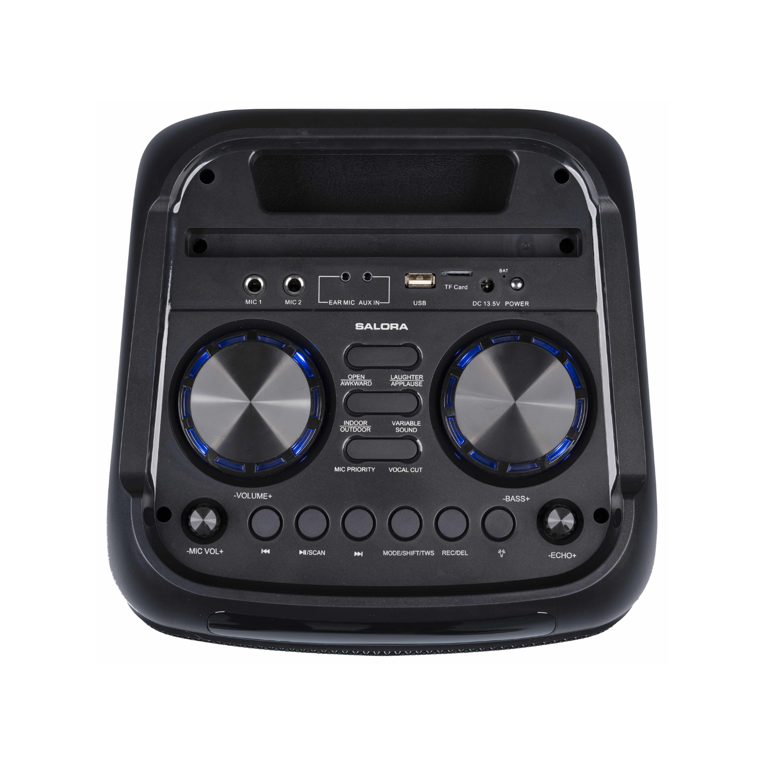 Een zwarte audiospeaker met knoppen, knoppen en poorten. De speaker staat op een wit oppervlak.