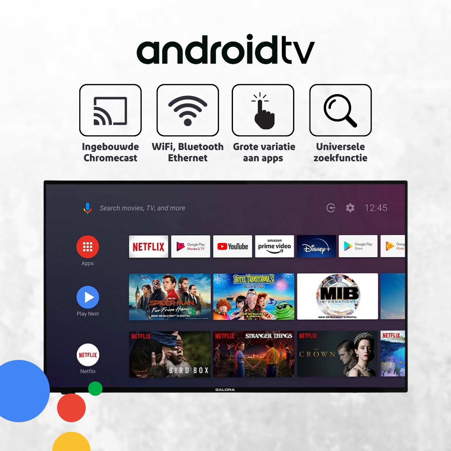 Een zwart tv-scherm toont apps en streamingdiensten. Het heeft een witte rand.