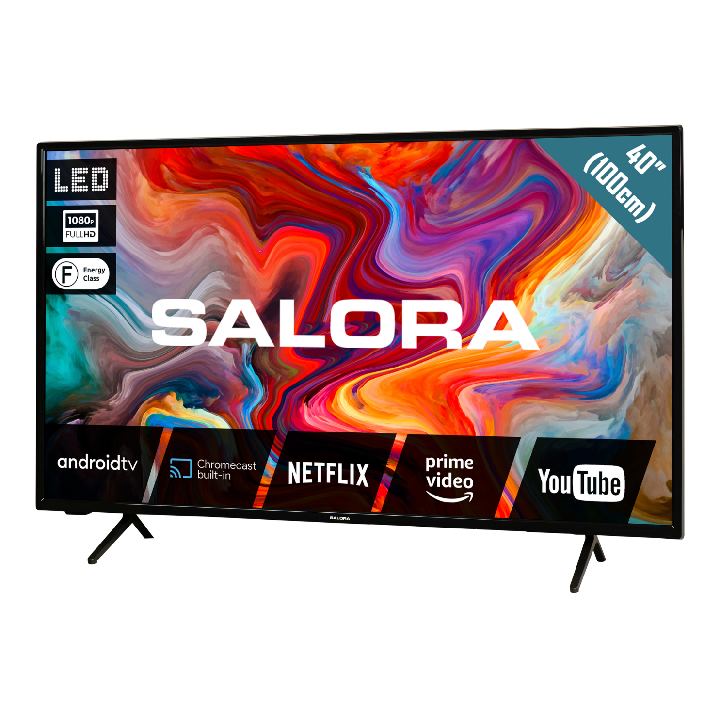 Een 40-inch Salora TV met Android TV, Netflix en Prime Video pictogrammen.