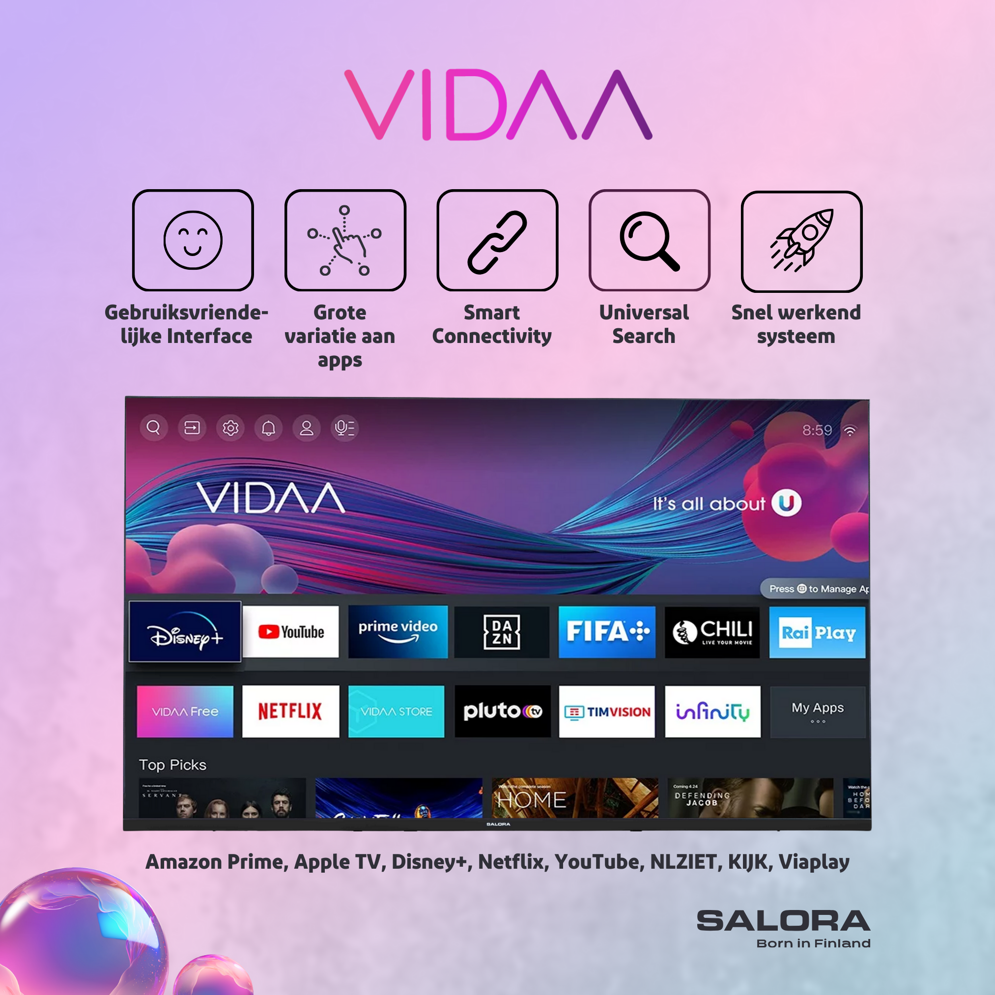 VIDAA smart tv-interface met apps en functies zoals YouTube, Netflix en een universele zoekoptie.
