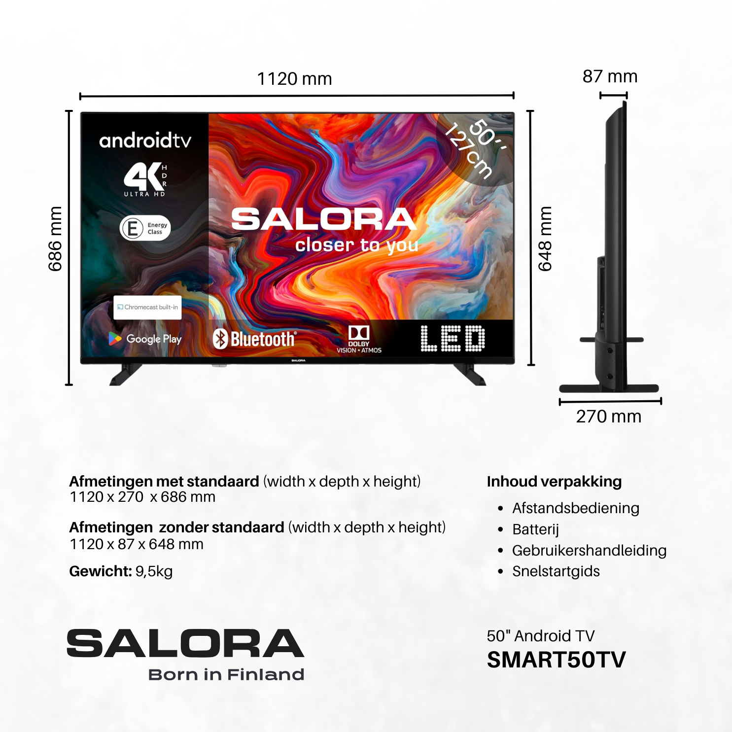 Een grote flatscreen-tv die afmetingen en functies weergeeft.
