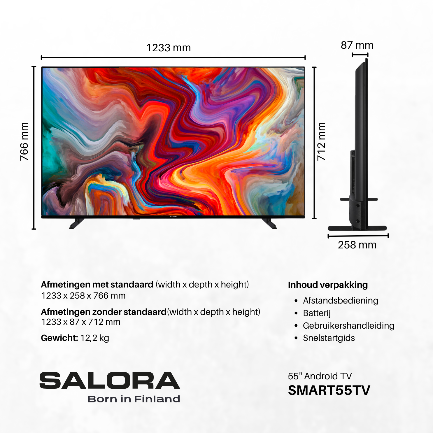 Een 55" Android TV met afmetingen en kenmerken, naast een zijaanzicht met afmetingen.