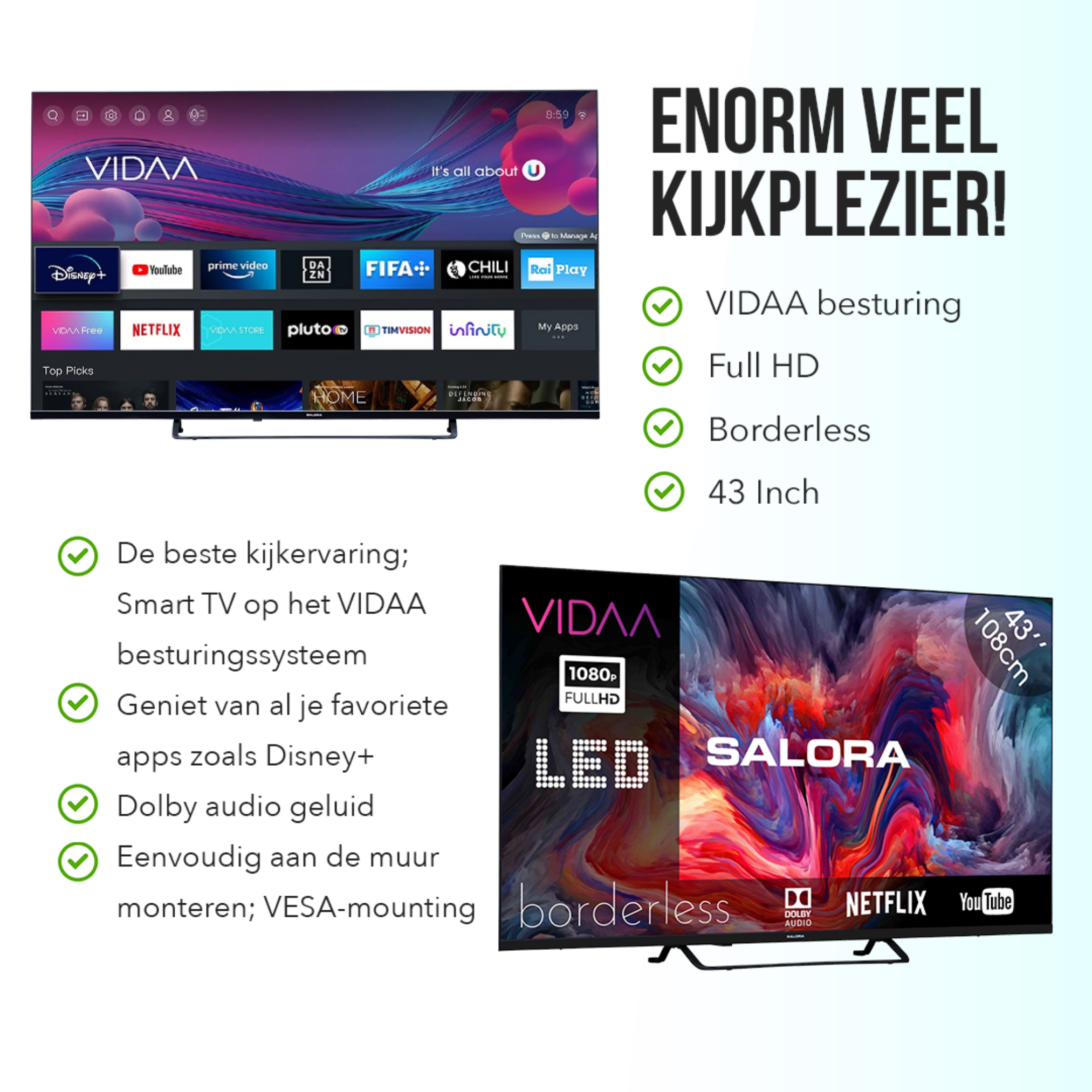 Een 43-inch Vidaa smart tv met apps en functies weergegeven, tekst in het Duits.