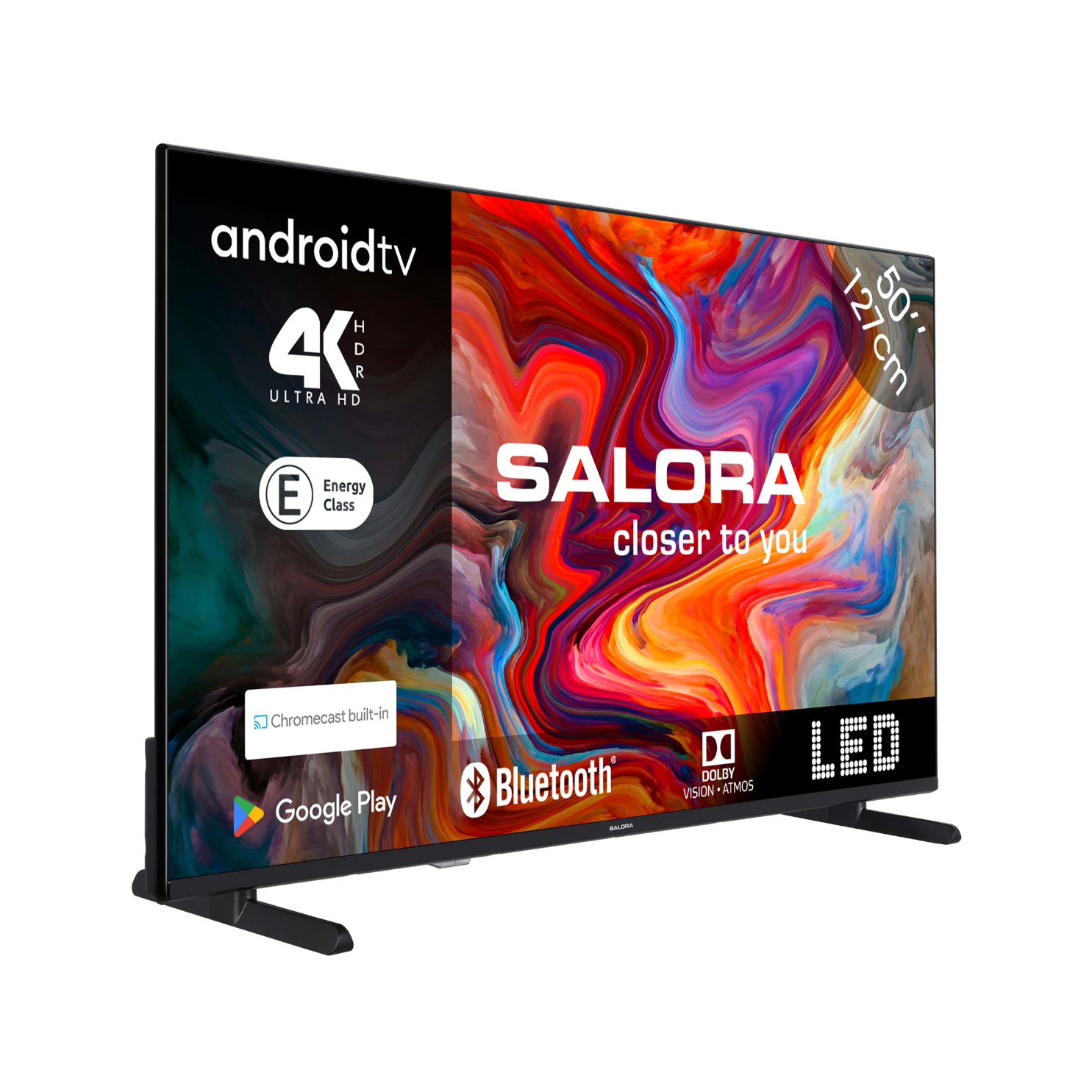 50" tv-scherm met kleurrijke abstracte kunst, zwart frame en poten. Android TV-logo zichtbaar.