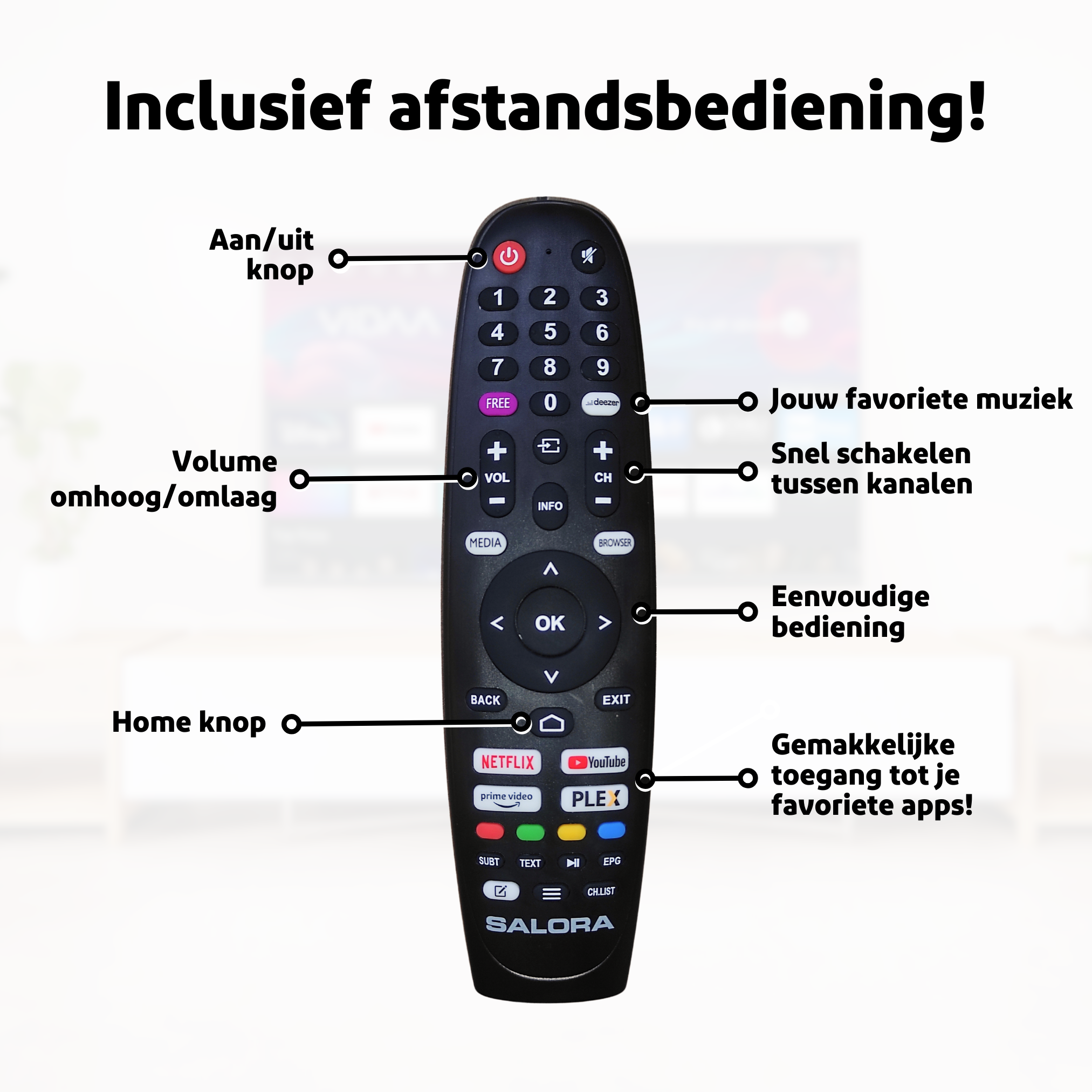 Zwarte afstandsbediening met knoppen voor aan/uit, volume, kanalen, Netflix, YouTube en andere apps.