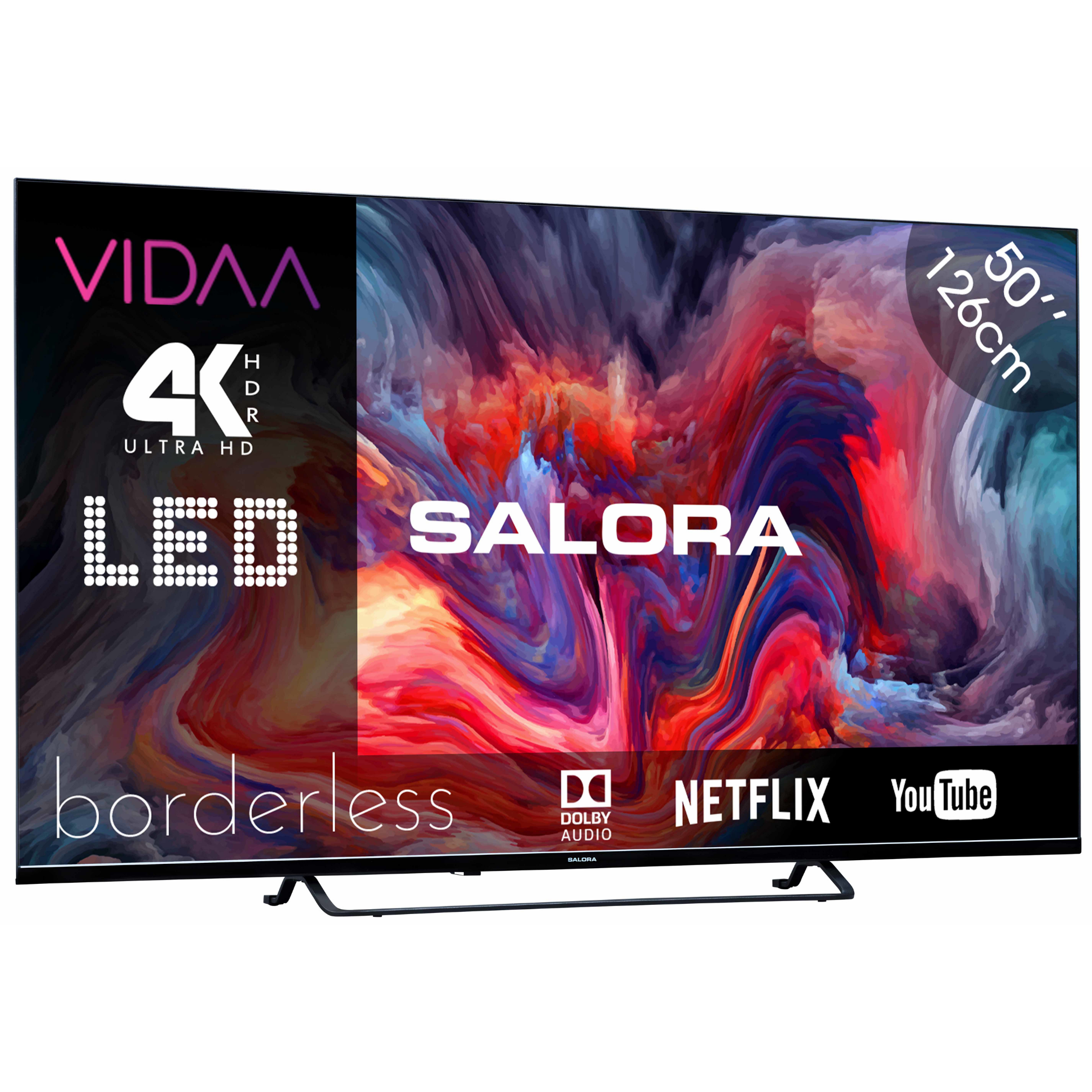 50-inch Salora TV met een kleurrijke abstracte achtergrond, met logo's en specificaties.